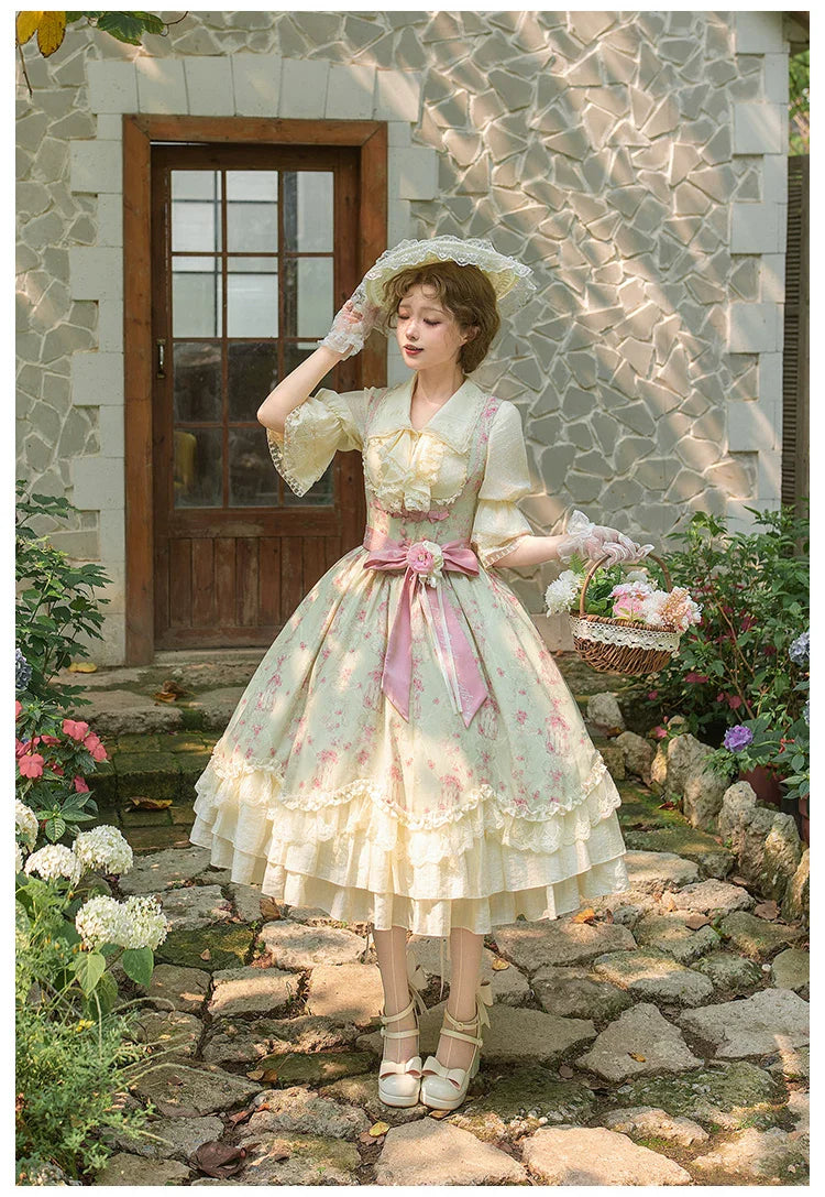 Wind Swept Roses - Classic Lolita Rose Printed Dress Set, Petal Hem - image 19