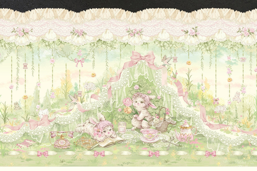 Bamboo Rabbit Pink Green Bunny Floral Print Bow Classic Lolita OP Dress and Accessories - image 4