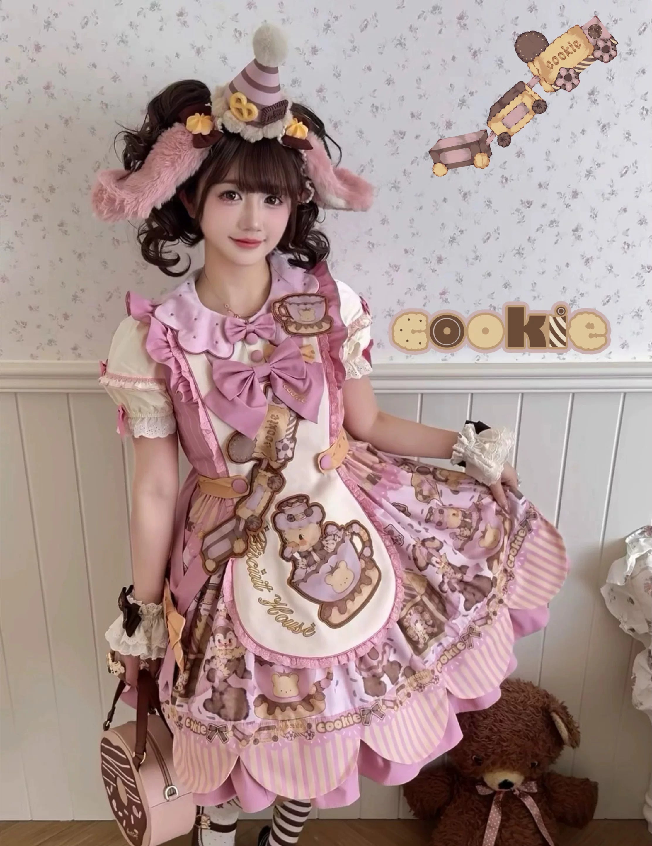 Bear Biscuit SP - Kawaii Lolita Bear Printed Dress Set with Bows - image 20