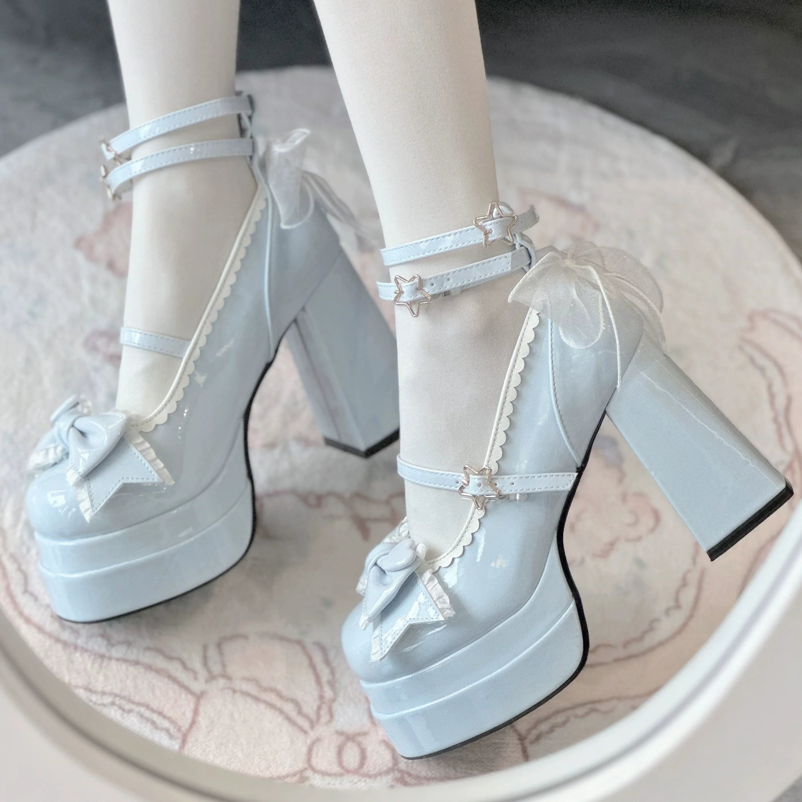 Puff Party - Elegant Lolita Chunky Heel Shoes with Bows and Straps - image 4