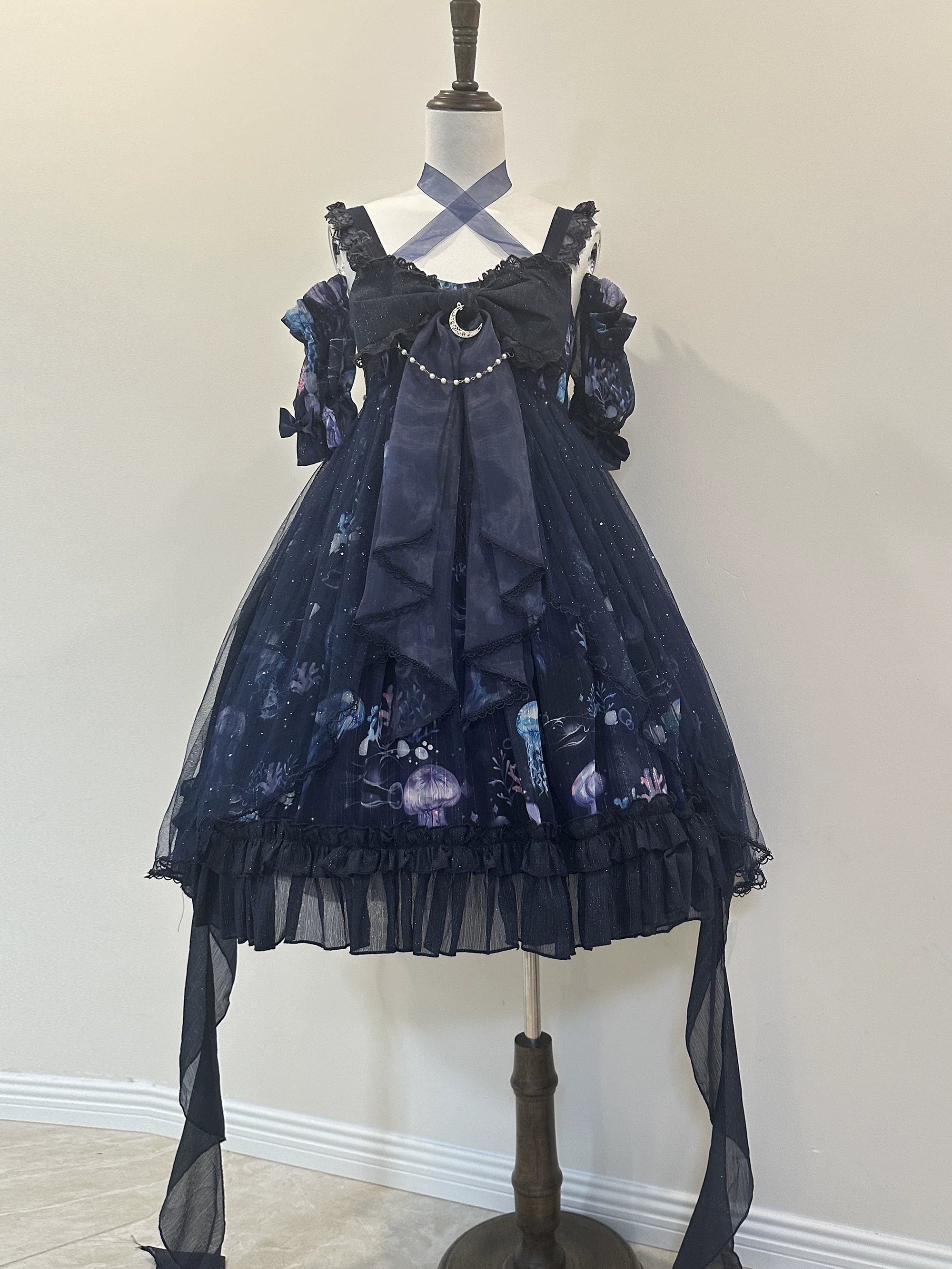 Coral Jellyfish - Sweet Lolita High-waist JSK Dress, Jellyfish & Coral Print and Accessories - image 2