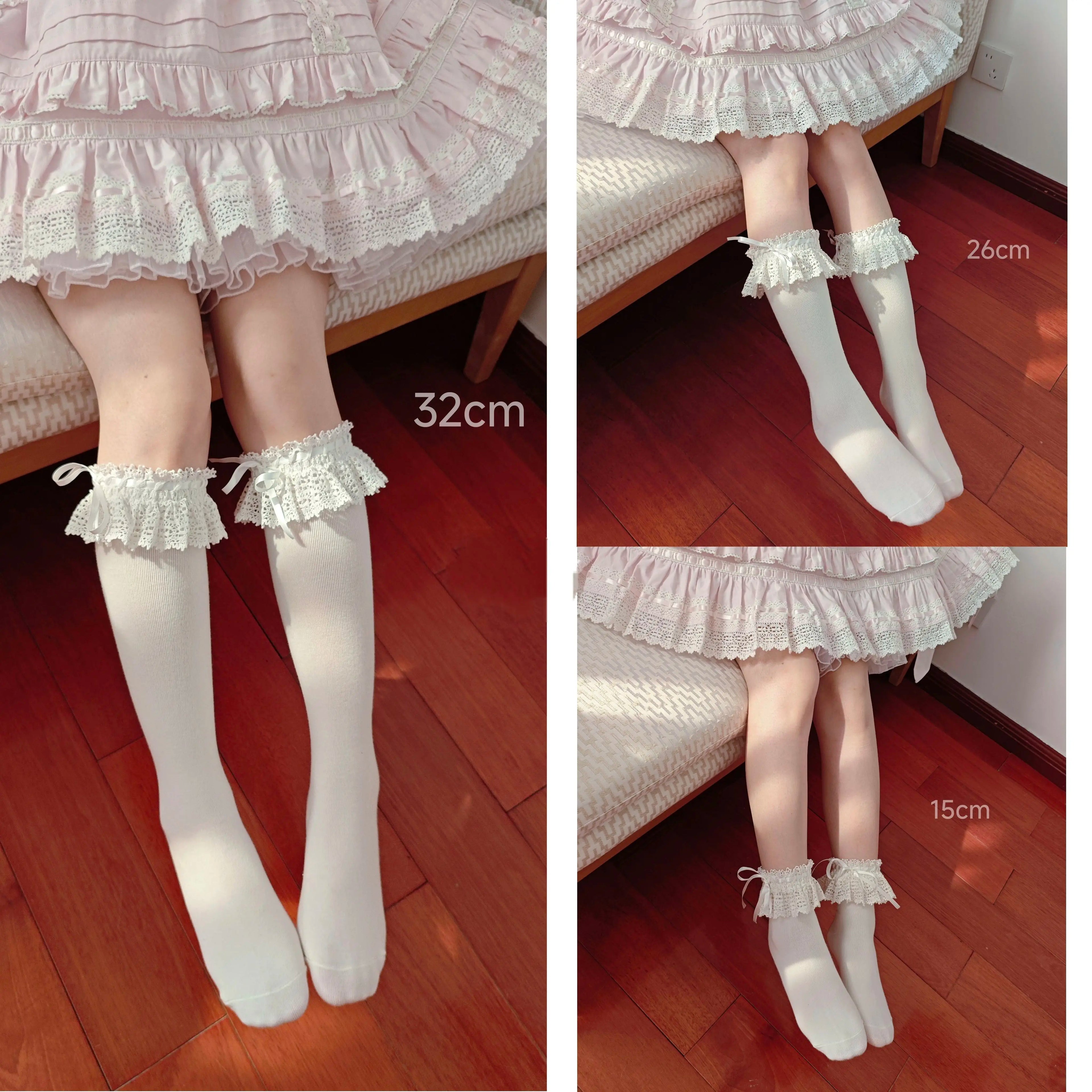 Cotton Old School Lolita White Socks with Colorful Ribbon Bows - image 4