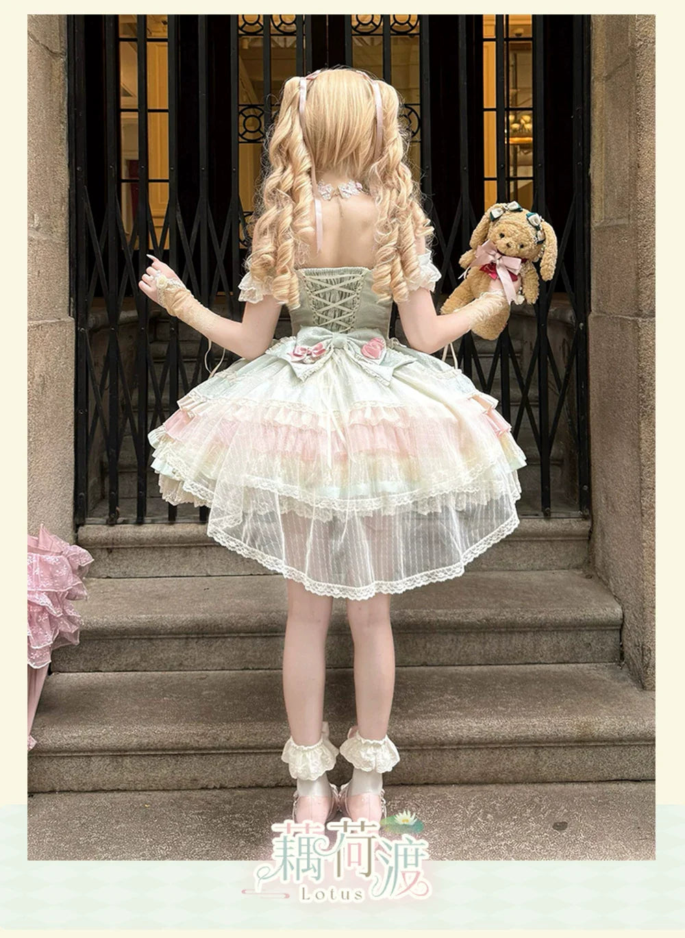 Lotus Crossing - Sweet Lolita Tiered Hem JSK Dress with Satin Bow and Accessories - image 6