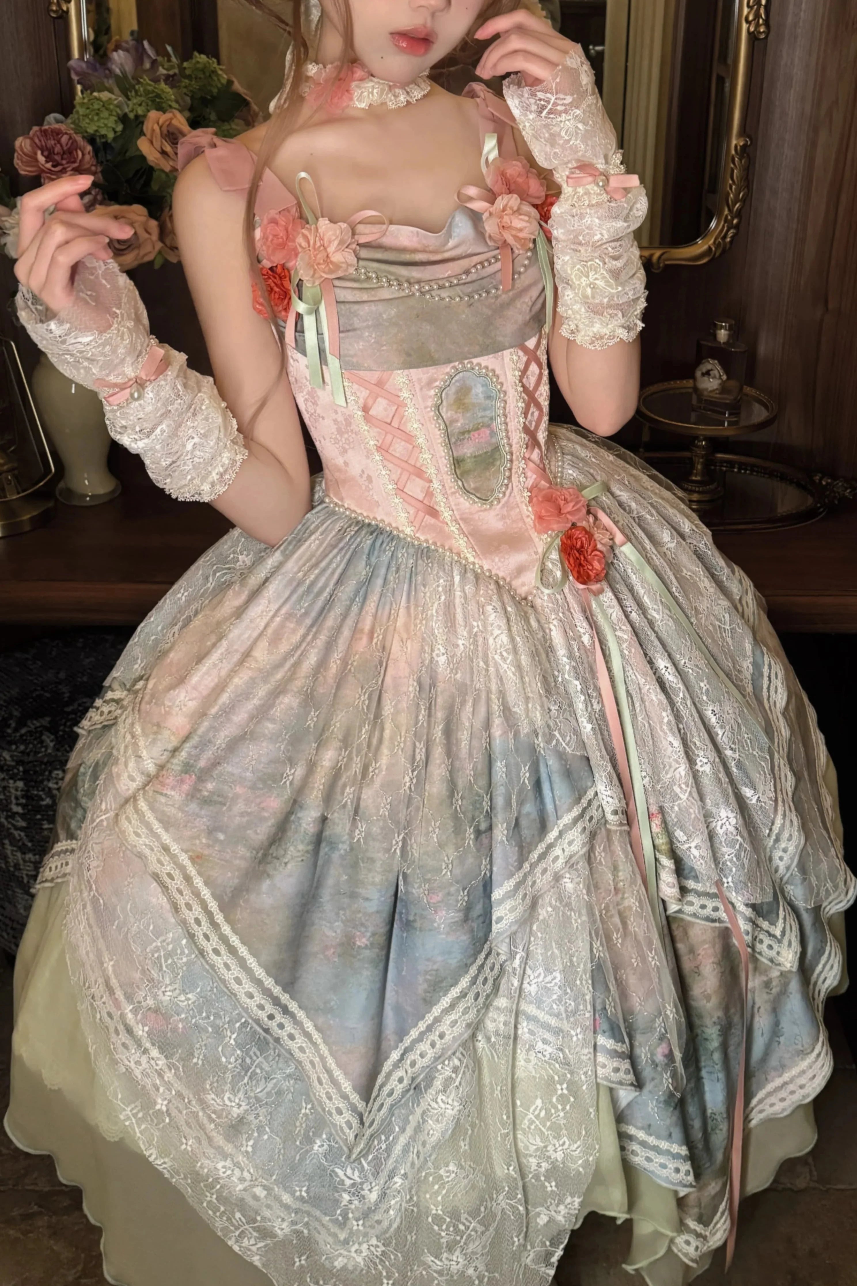 Flower Field Oil Painting Pastoral Irregular Lolita JSK Dress and Accessories - image 1
