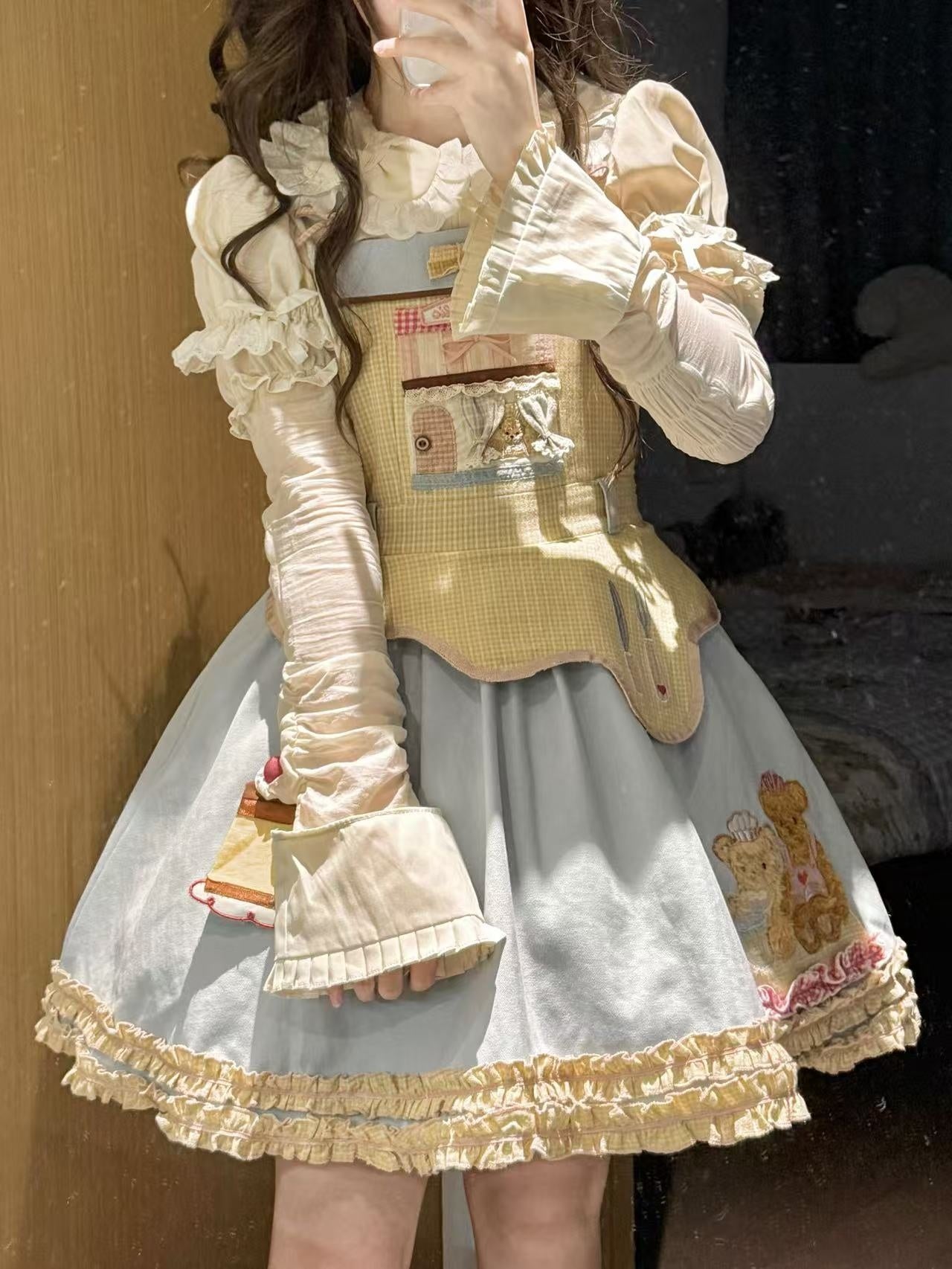Teddy Bear Bakery Embroidered Cake Applique Sweet Lolita Suspender Skirt Set - image 10