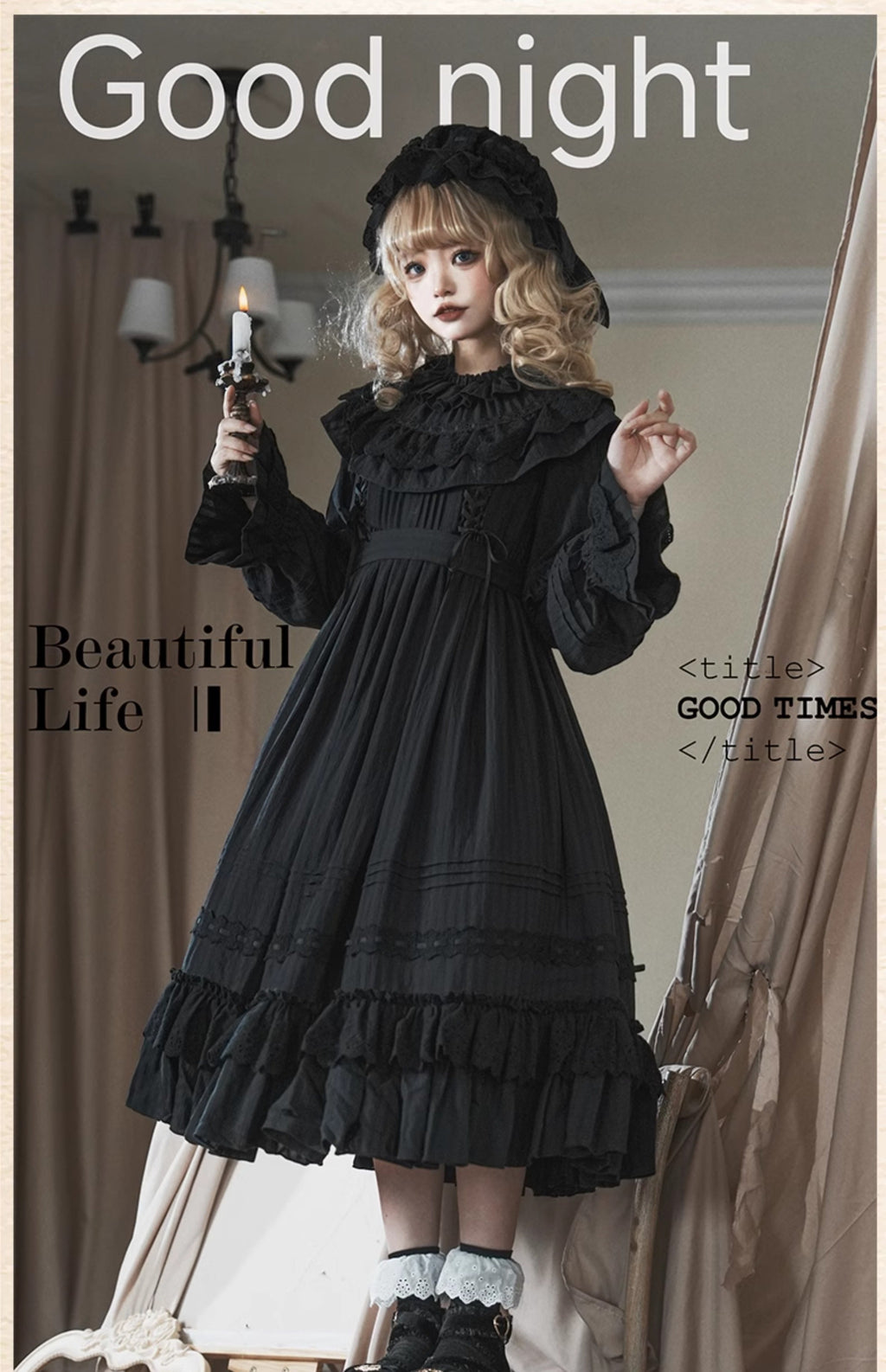 Goodnight Black Gothic Lolita OP Dress with Round Cape Collar - image 1