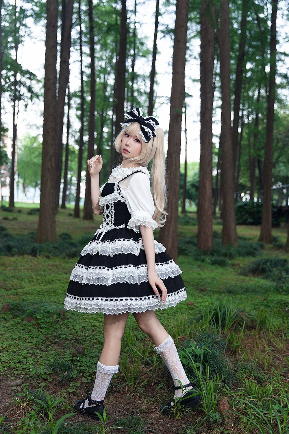 Mirror Doll - Old School Lolita Tiered Hem JSK with Polka Dot Lace and Accessories - image 25