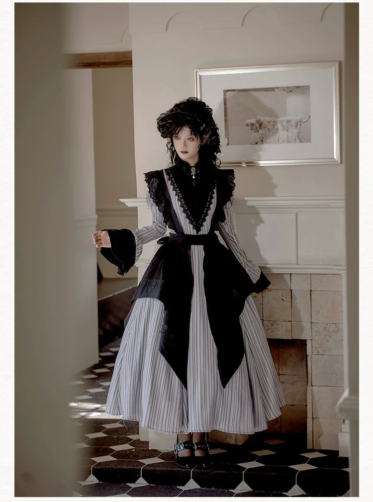 Nocturne SP - Striped Gothic Lolita OP Twin Lolita Dress with Apron and Accessories - image 18