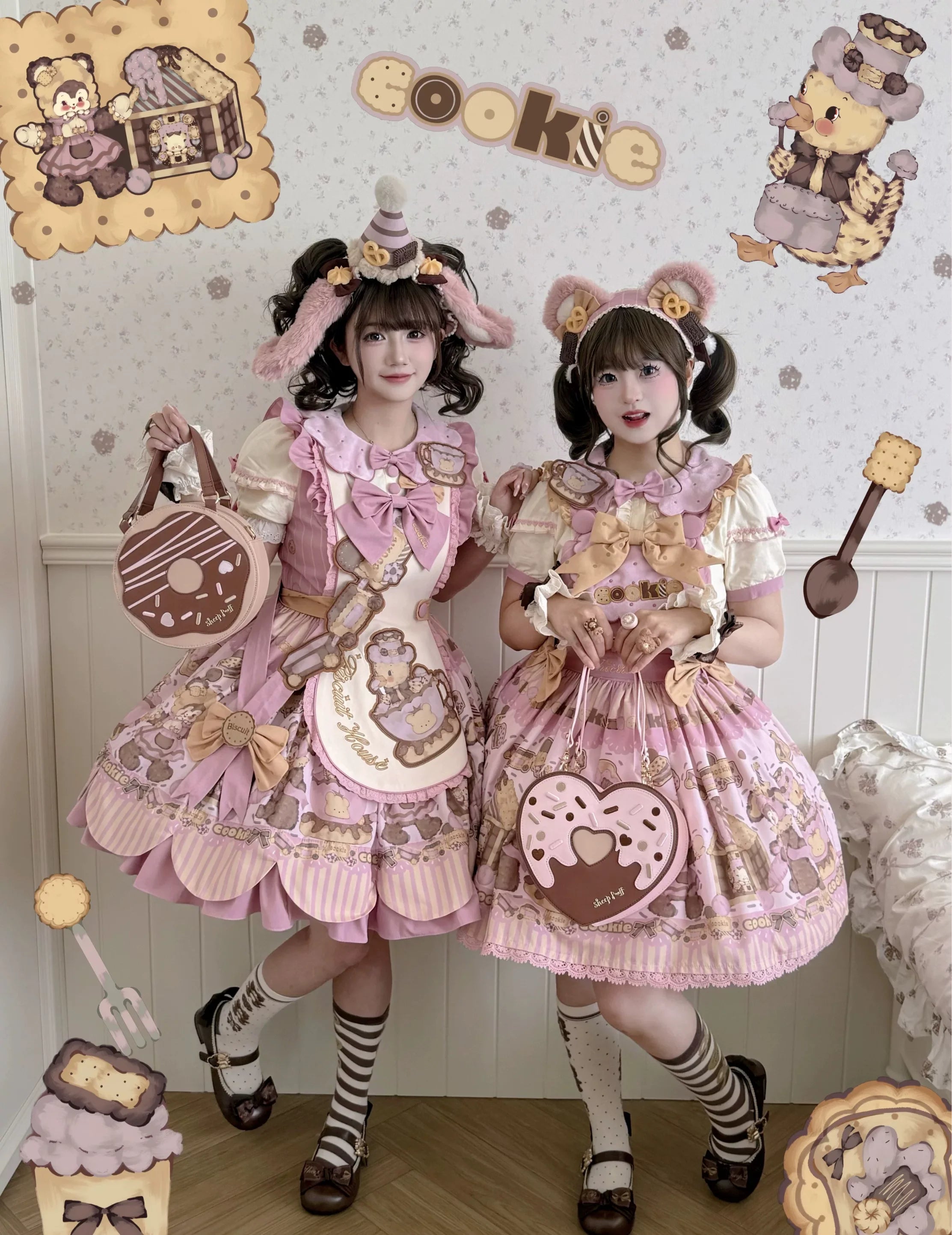 Bear Biscuit SP - Kawaii Lolita Bear Printed Dress Set with Bows - image 7