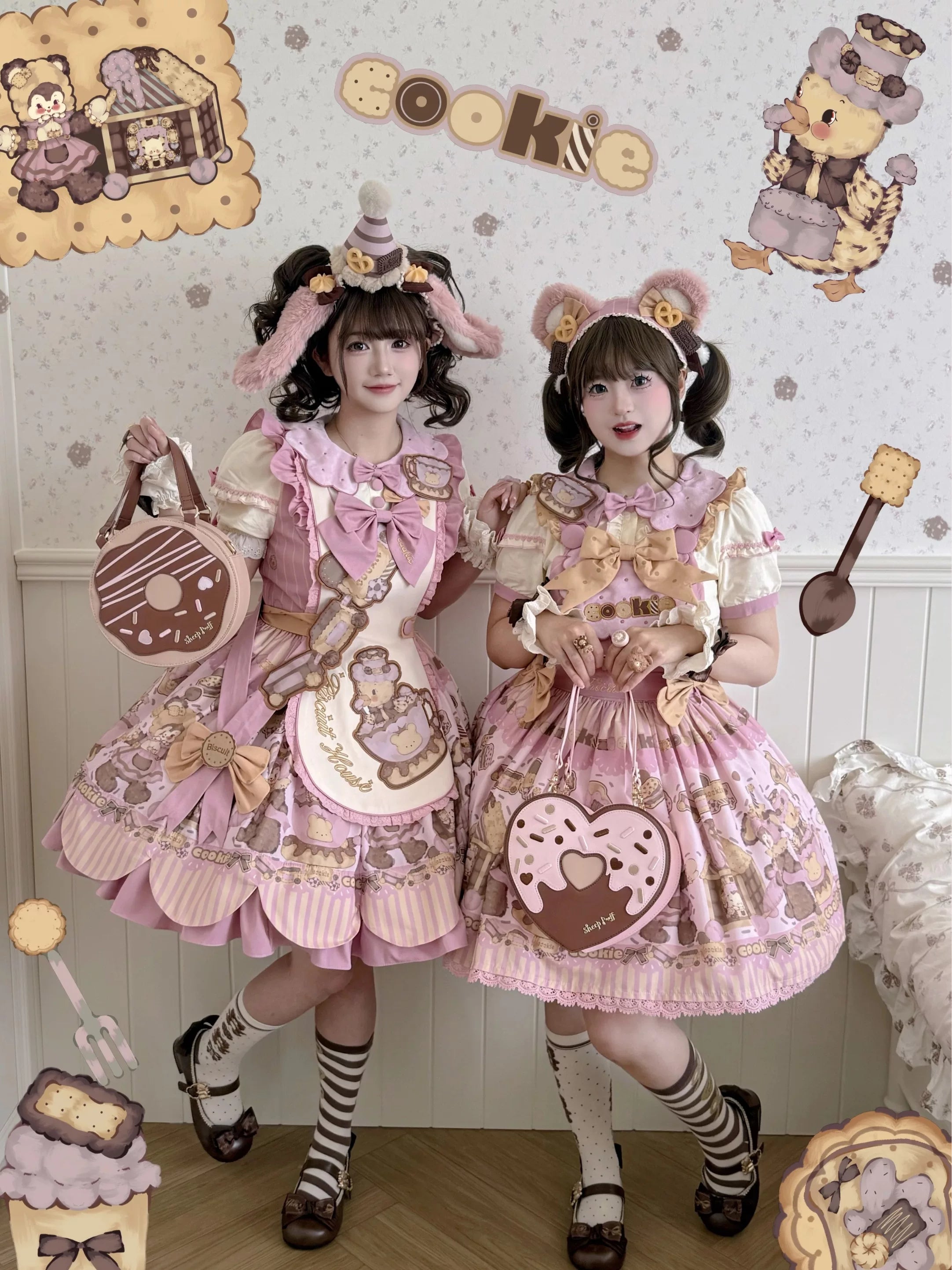 Bear Biscuit SP - Kawaii Lolita Bear Printed Dress Set with Bows - image 11