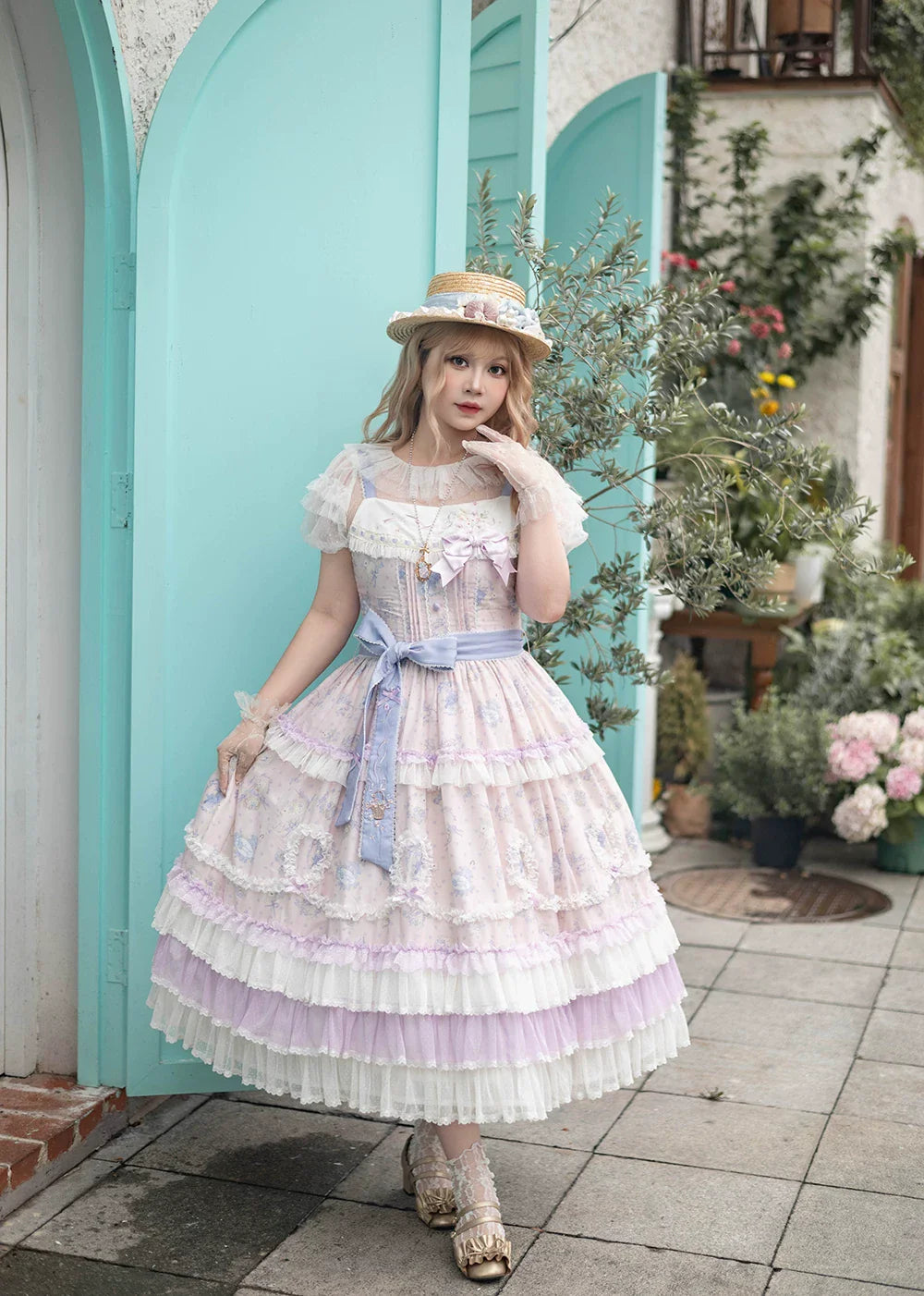 Bloom Lamb - Classic Lolita Embroidered JSK Dress, Tiered Hem - image 21