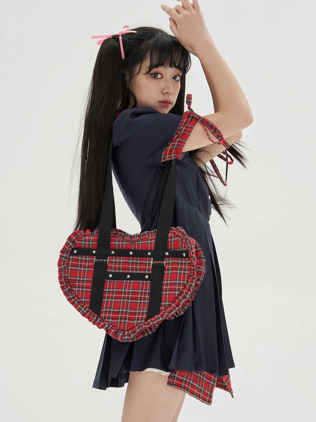 Vintage Lolita Heart Shaped Plaid Dot Print JK Uniform Bag - image 24