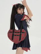 Vintage Lolita Heart Shaped Plaid Dot Print JK Uniform Bag - image 24
