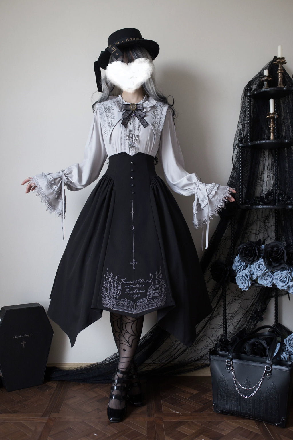 Witch Notes - Gothic Lolita Embroidered Dress Suit, Cross and Rose Print - image 2