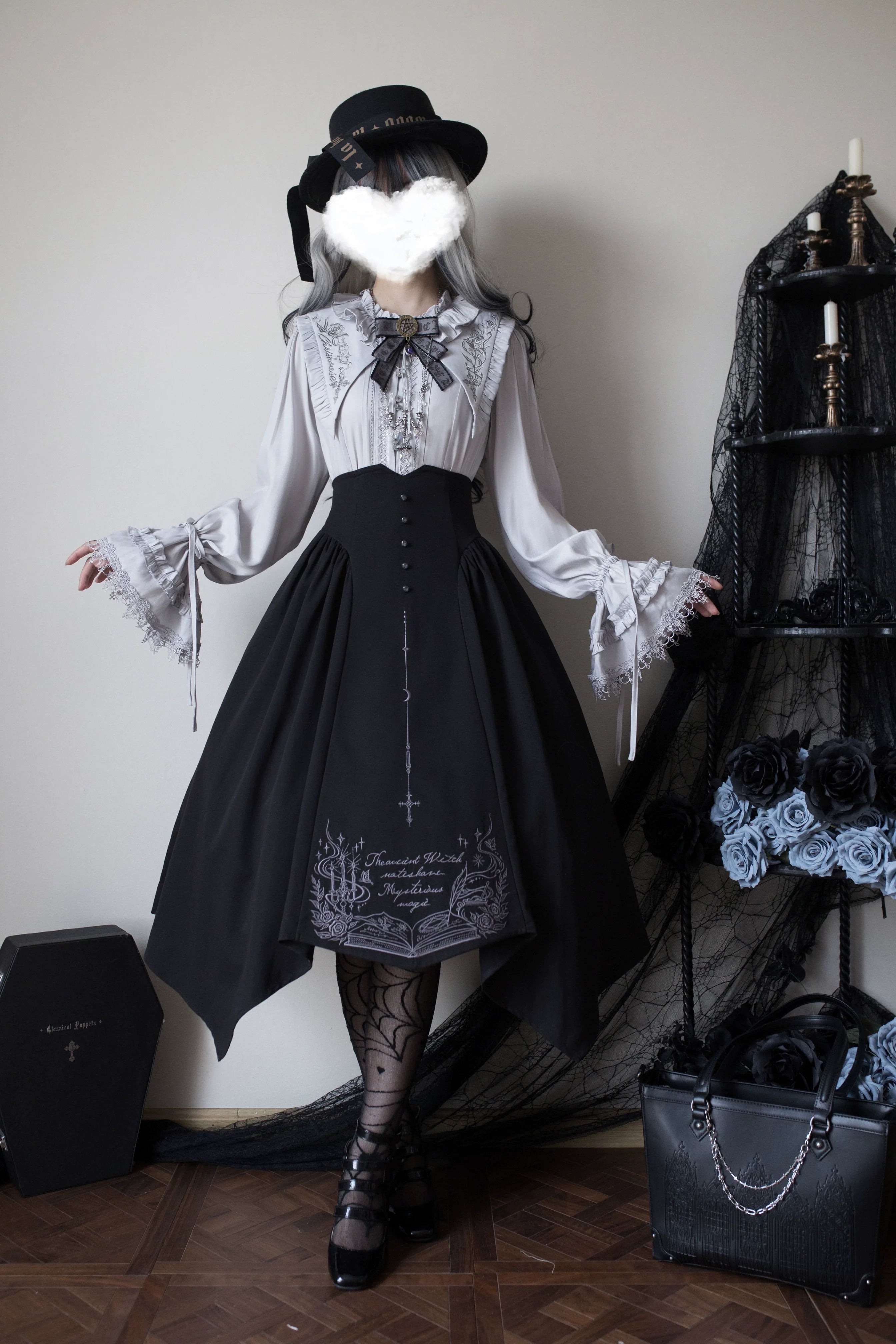 Witch Notes - Gothic Lolita Embroidered Dress Suit, Cross and Rose Print - image 2