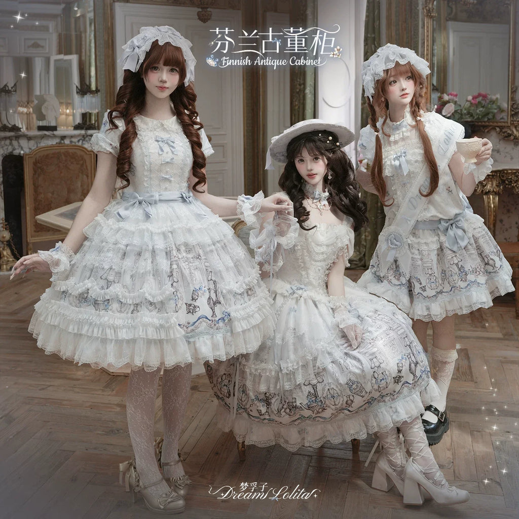 Finnish Antique Cabinet - Sweet Lolita Antique Cabinet Printed OP & JSK Dress with Bows - image 15