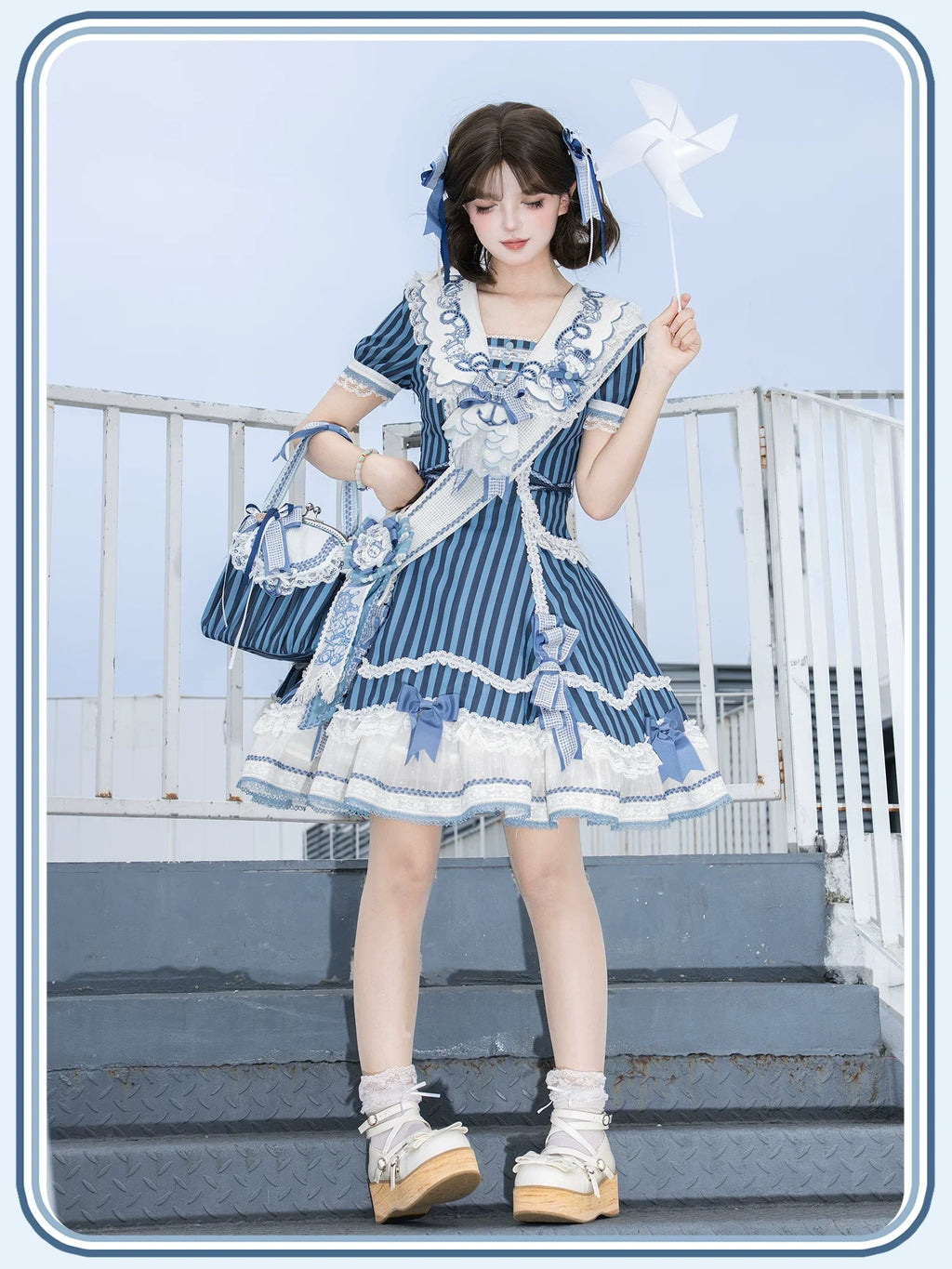 Antique Naval Bear - Striped Classic Lolita Sailor Collar OP, Bear Embroidery - image 15