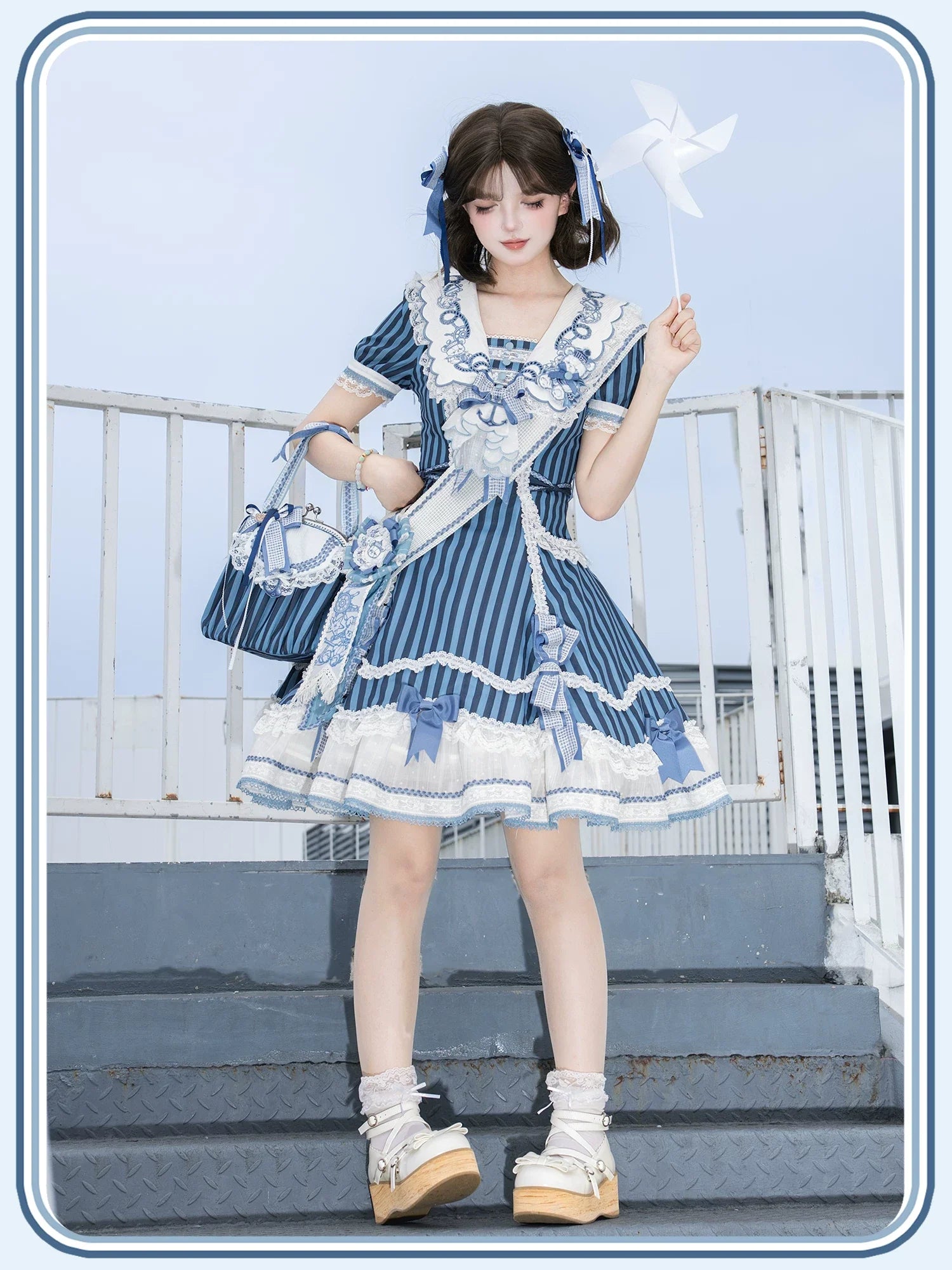 Antique Naval Bear - Striped Classic Lolita Sailor Collar OP, Bear Embroidery - image 15