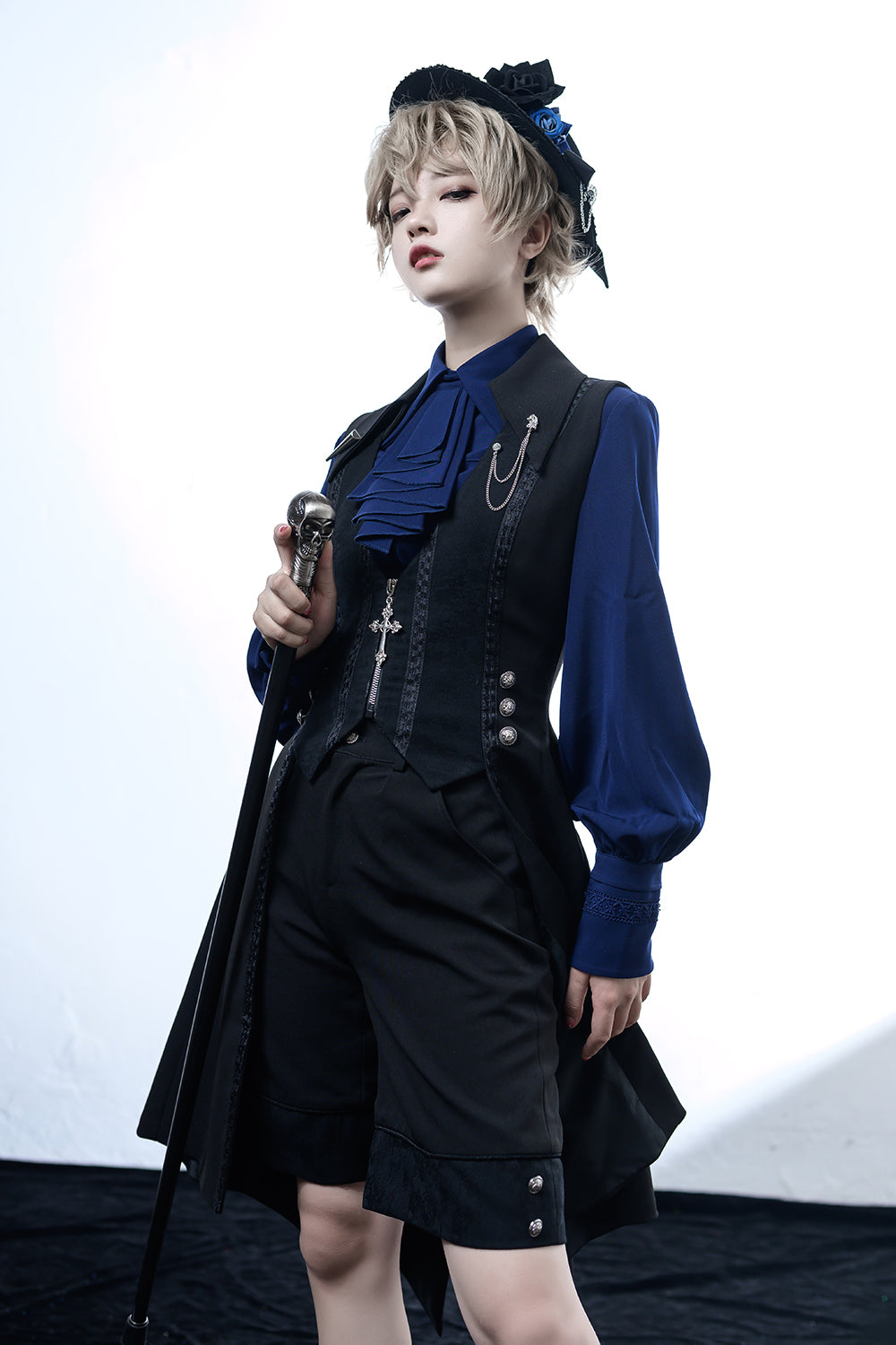 Black and Blue Retro Ouji Lolita Shirt with Mutton Sleeves - image 8