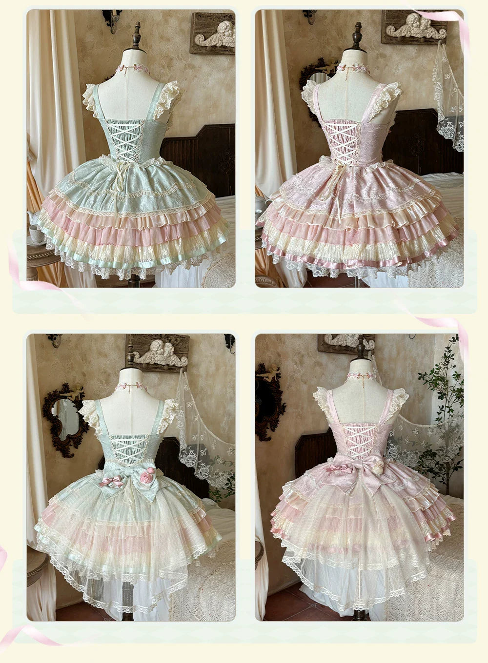Lotus Crossing - Sweet Lolita Tiered Hem JSK Dress with Satin Bow and Accessories - image 3