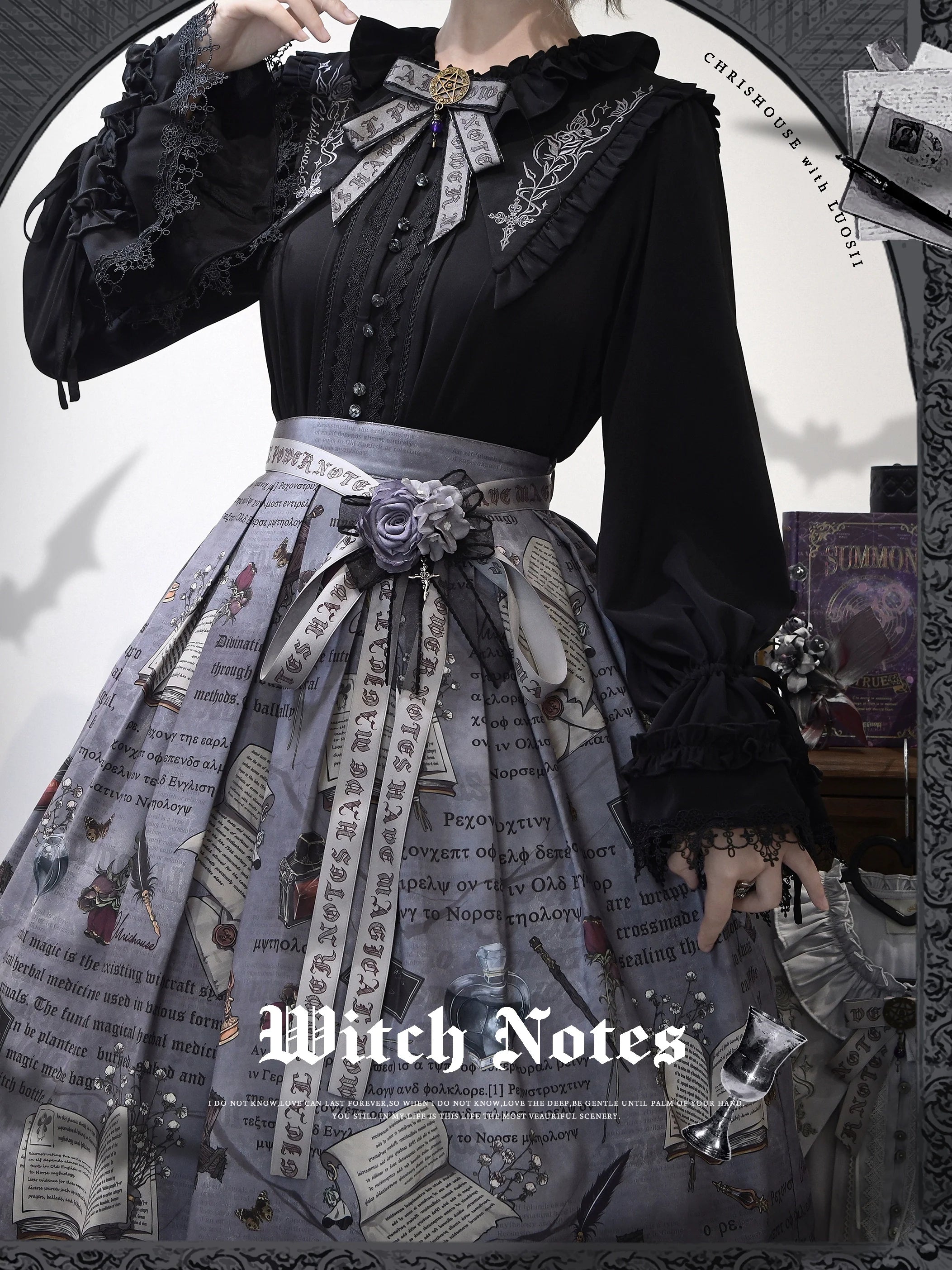 Witch Notes - Gothic Lolita Embroidered Dress Suit, Cross and Rose Print - image 28