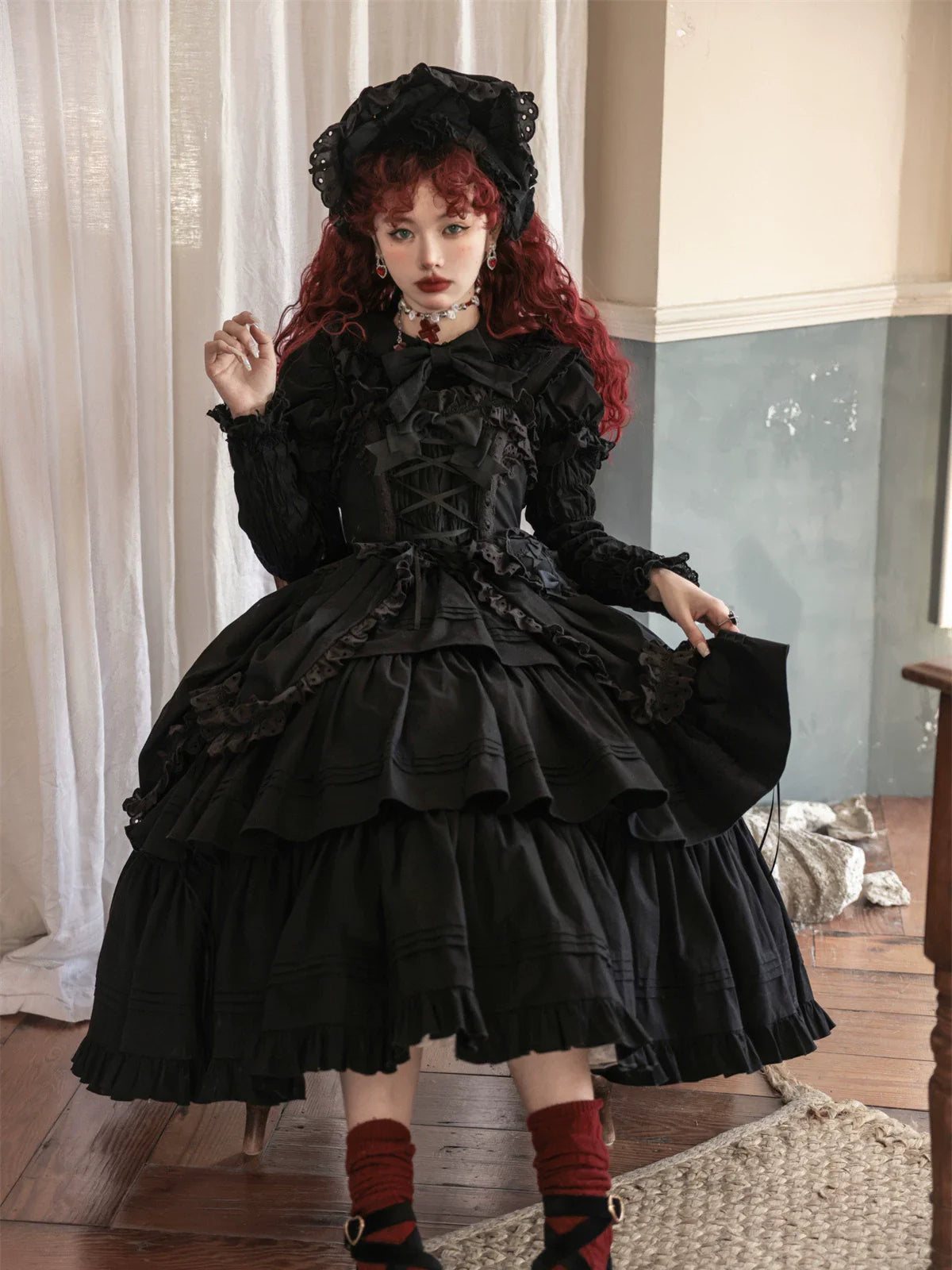 Cotton Gothic Lolita Long JSK, Drawn-up Hem - image 65