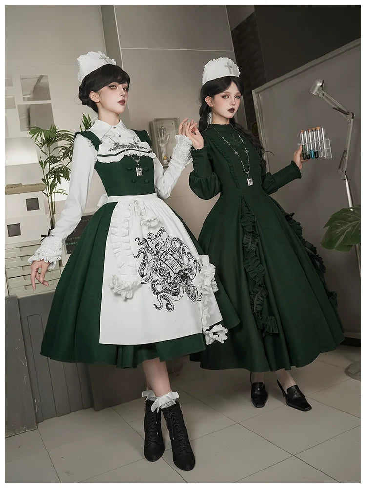 Abyss Clinic - Gothic Lolita Green Dress Set, Embroidery Accent - image 17