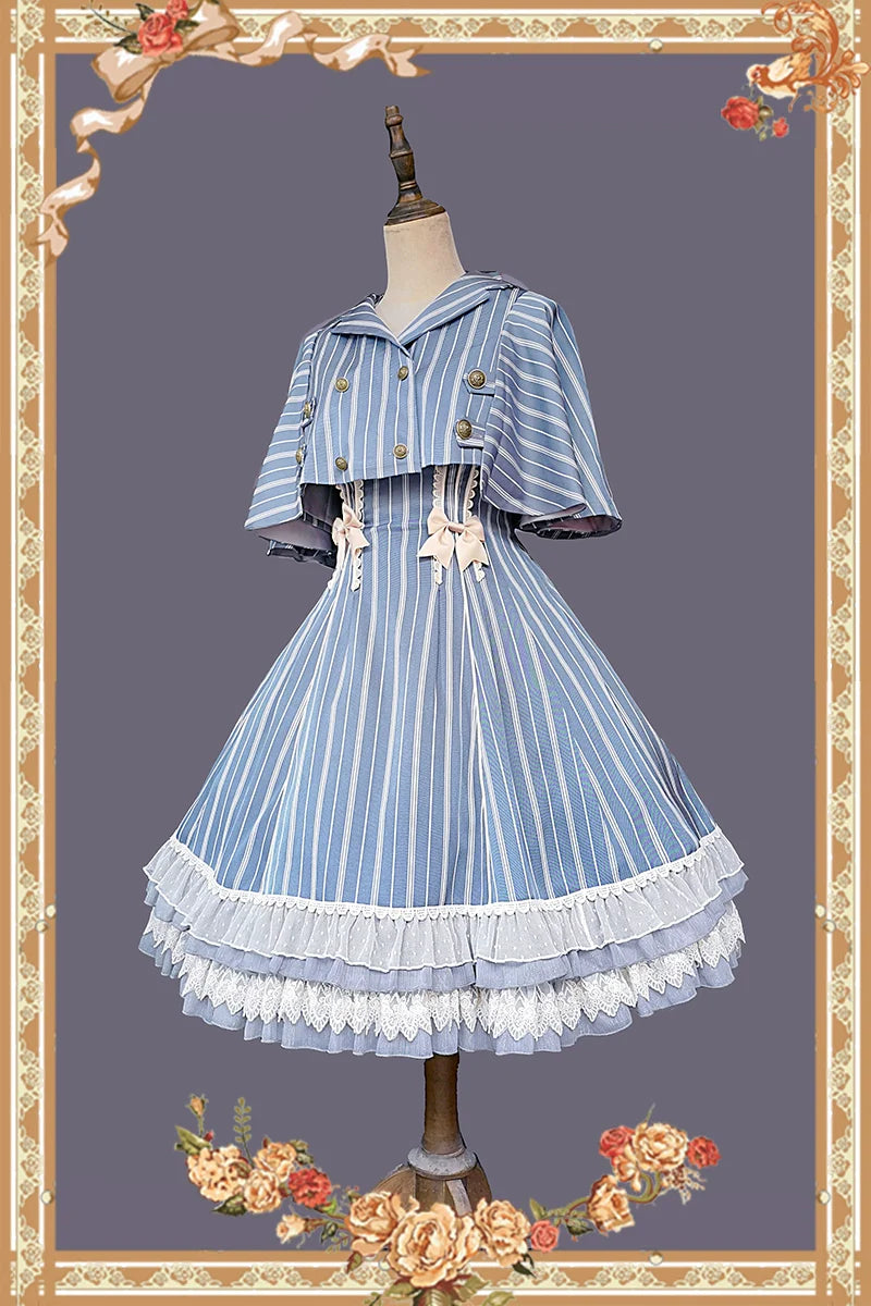 Elegant Lolita Stripe High-waist Jumper Dress Set and Cape - image 36