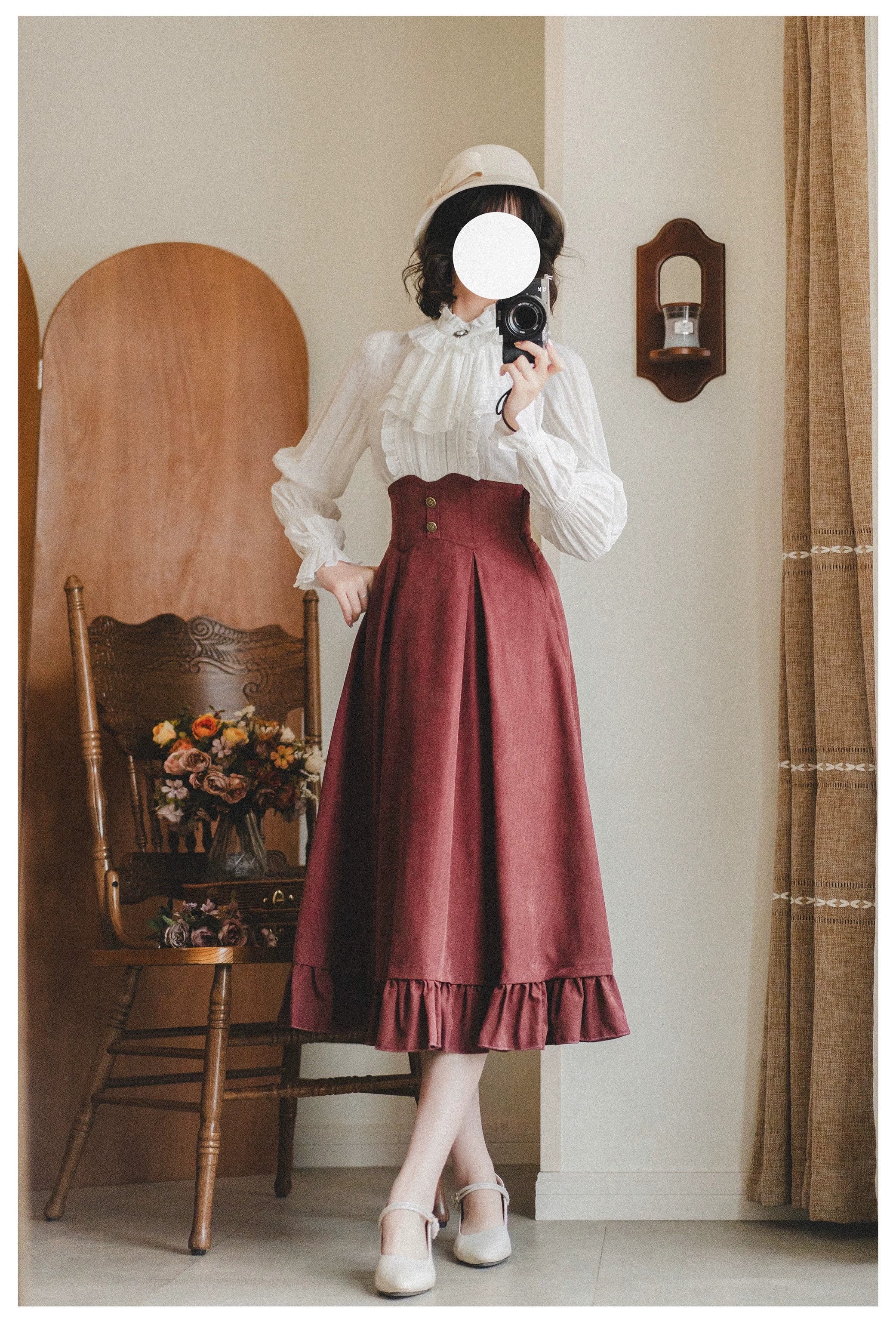 Classic Lolita A-Line Skirt, Button-Front Vest and White Blouse - image 13