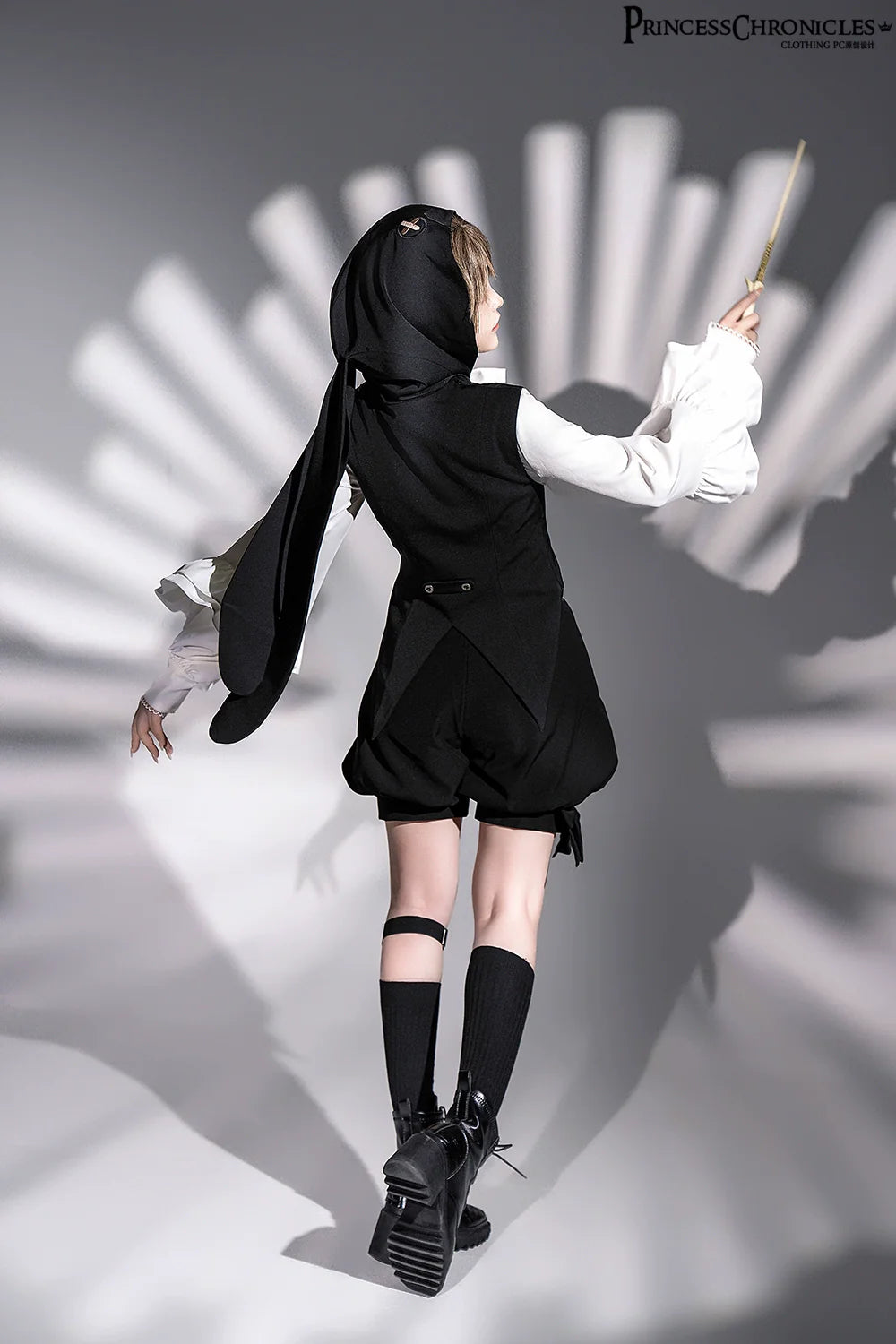 Rabbit Feather - Black Ouji Lolita Vest Shorts Suit Prince Cloak Set - image 13