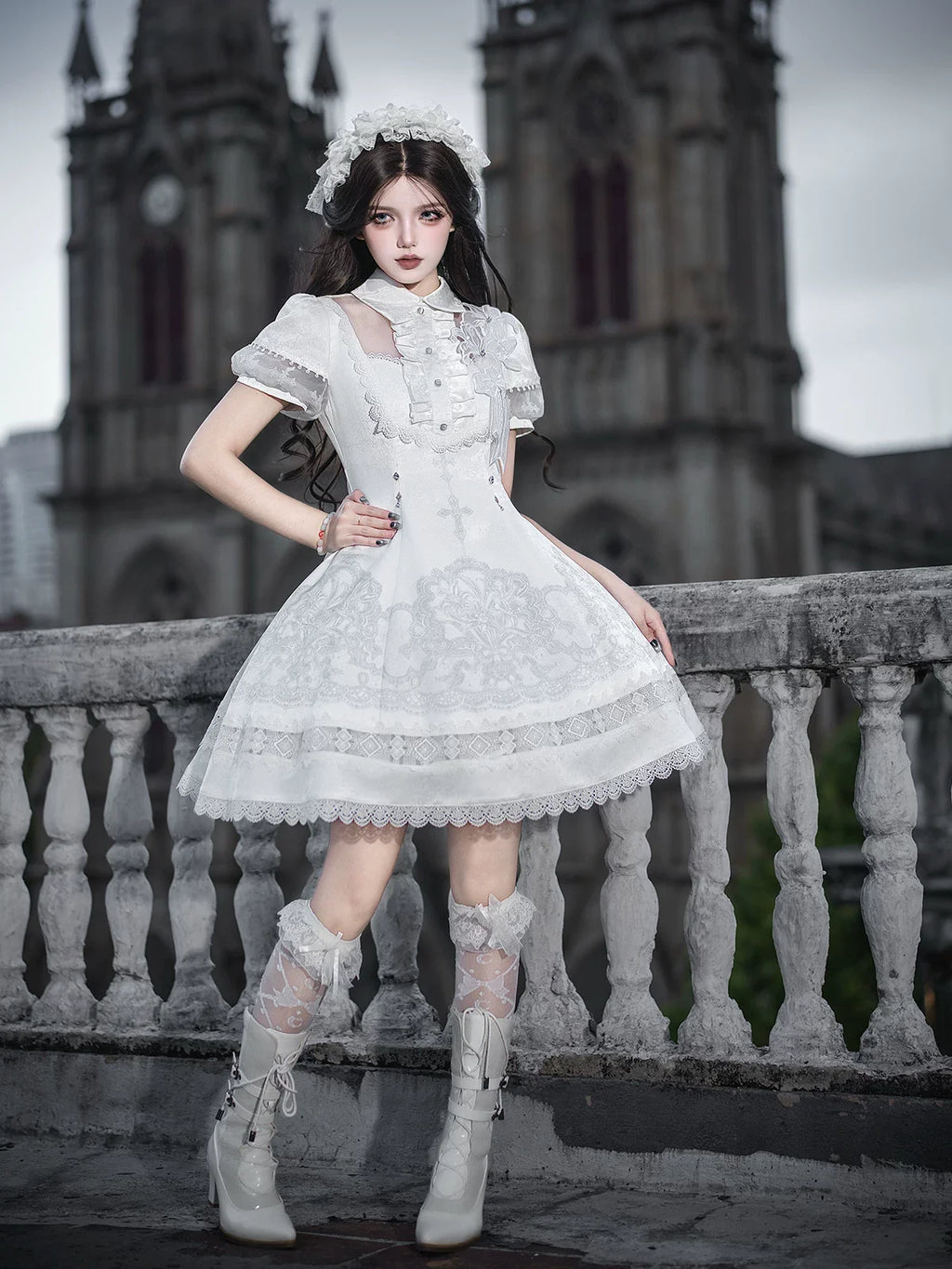 White Classic Lolita Printed OP Dress with Cross - image 18