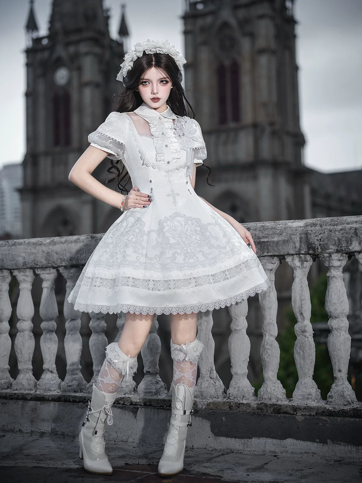 White Classic Lolita Printed OP Dress with Cross - image 18