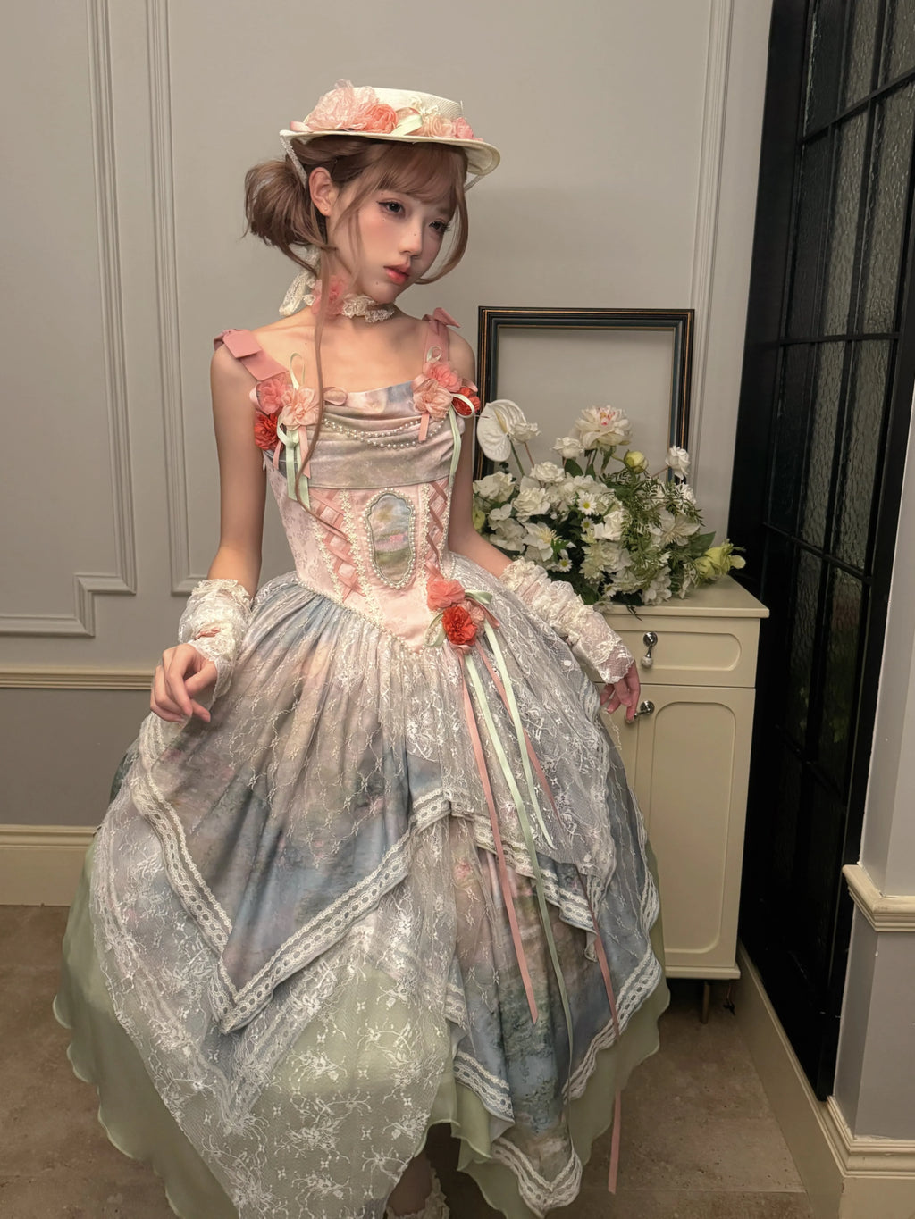 Flower Field Oil Painting Pastoral Irregular Lolita JSK Dress and Accessories - image 3