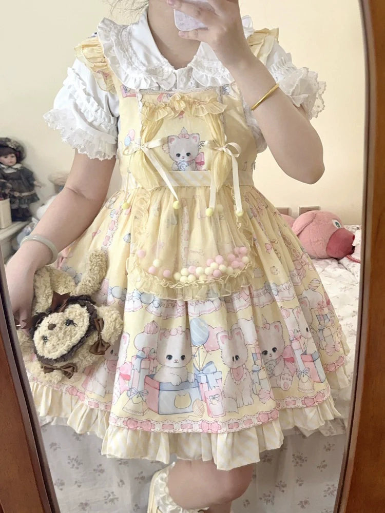 Meow Pompom - Sweet Lolita Salopette Dress Suit, Cat Print - image 2
