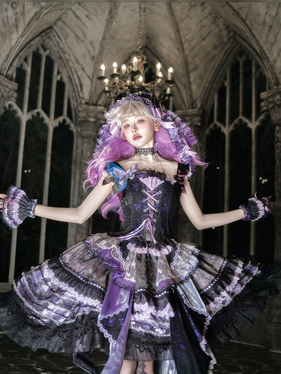 Purple Butterfly on Moonlight Night Gothic Lolita Corset Dress Set - image 3