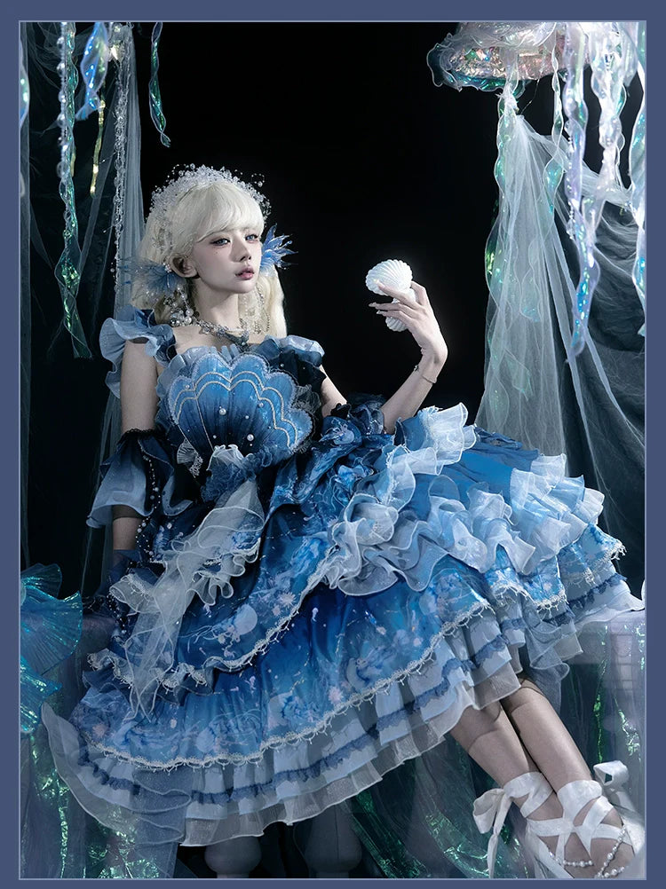 Blue Breath Jellyfish - Classic Lolita JSK Dress, Side Zipper - image 22