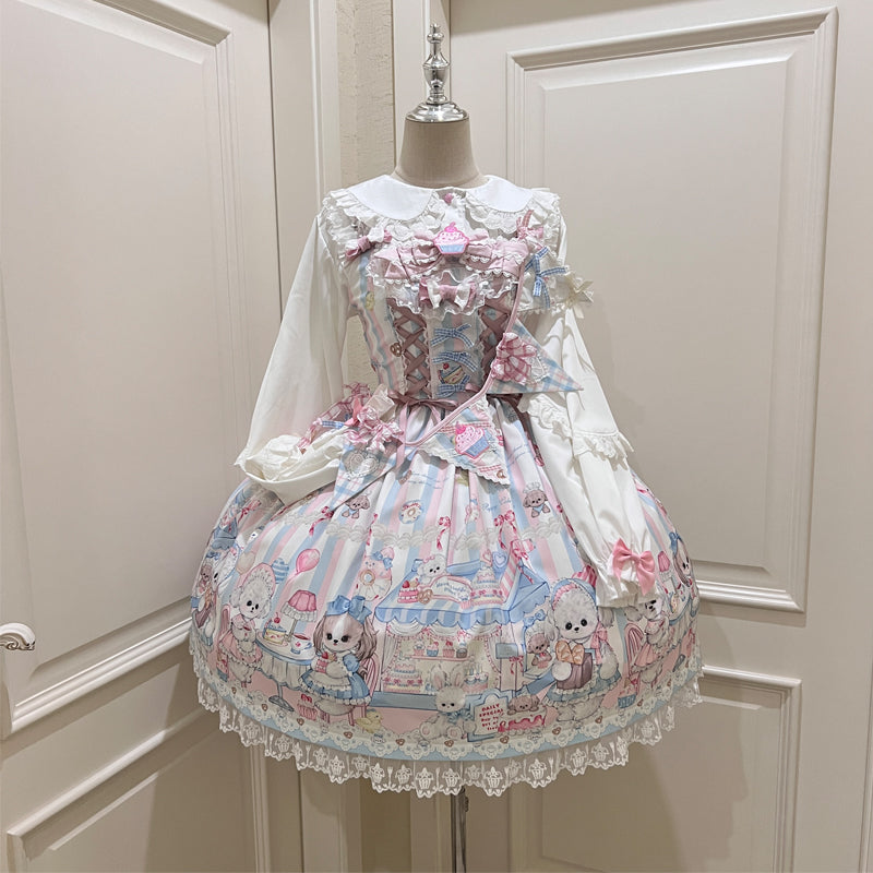 Sweet Tea Party - Kawaii Lolita JSK Puppy Printed Dress with Sash - image 1