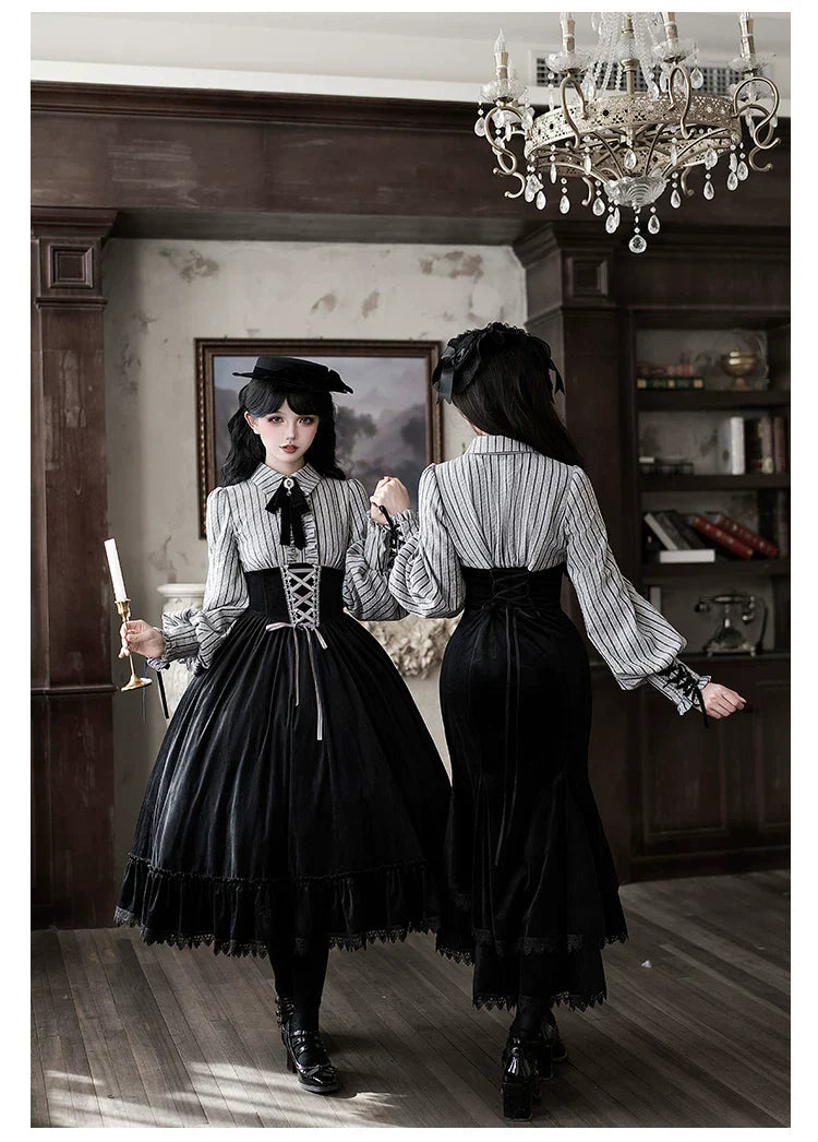 Dusk Moment - Classic Lolita Striped OP & Mermaid Dress Set, Fishbone Waist - image 13