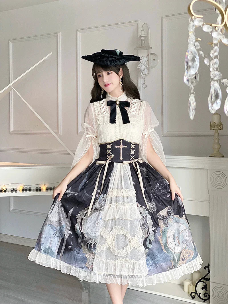 Clock Butterfly - Gothic Lolita Printed Blouse and Corset Skirt Set - image 29