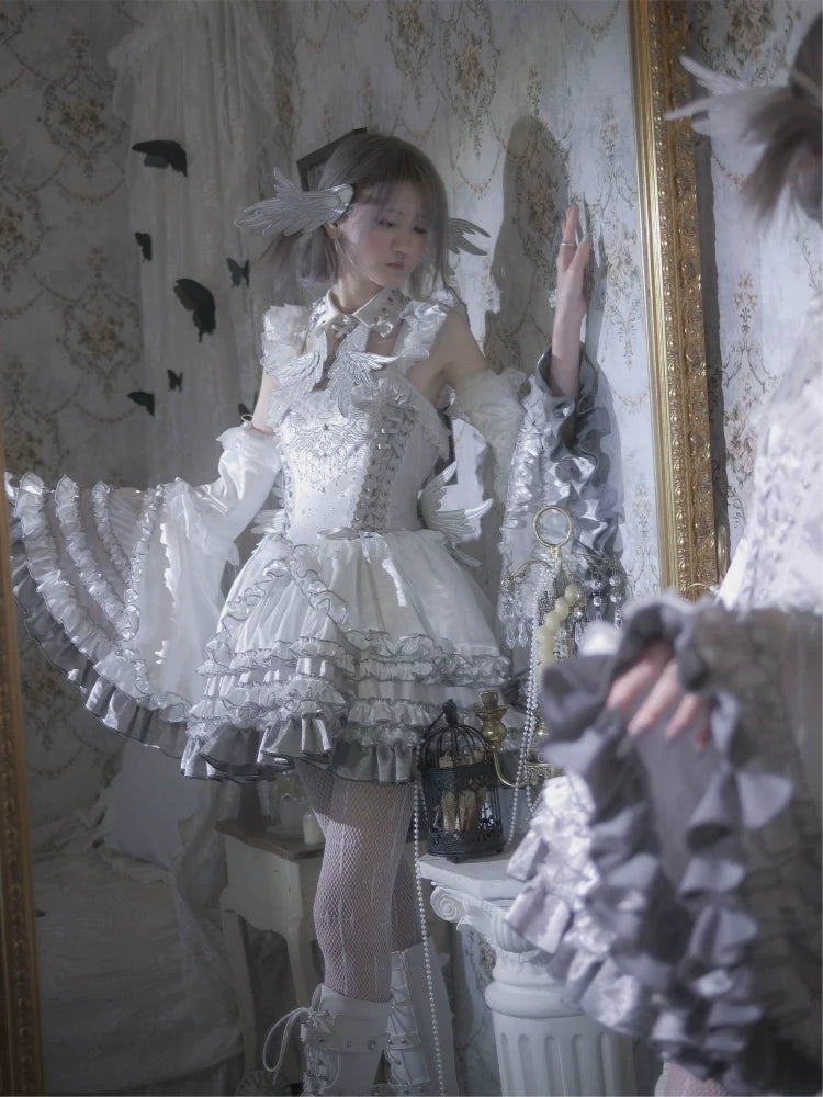 Metallic Angel - Silver-white Punk Lolita JSK, Wing and Rhinestone Details - image 3