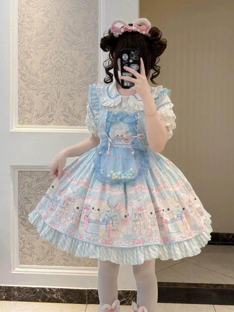 Meow Pompom - Sweet Lolita Salopette Dress Suit, Cat Print - image 15