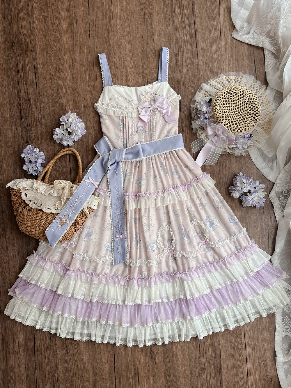 Bloom Lamb - Classic Lolita Embroidered JSK Dress, Tiered Hem - image 4
