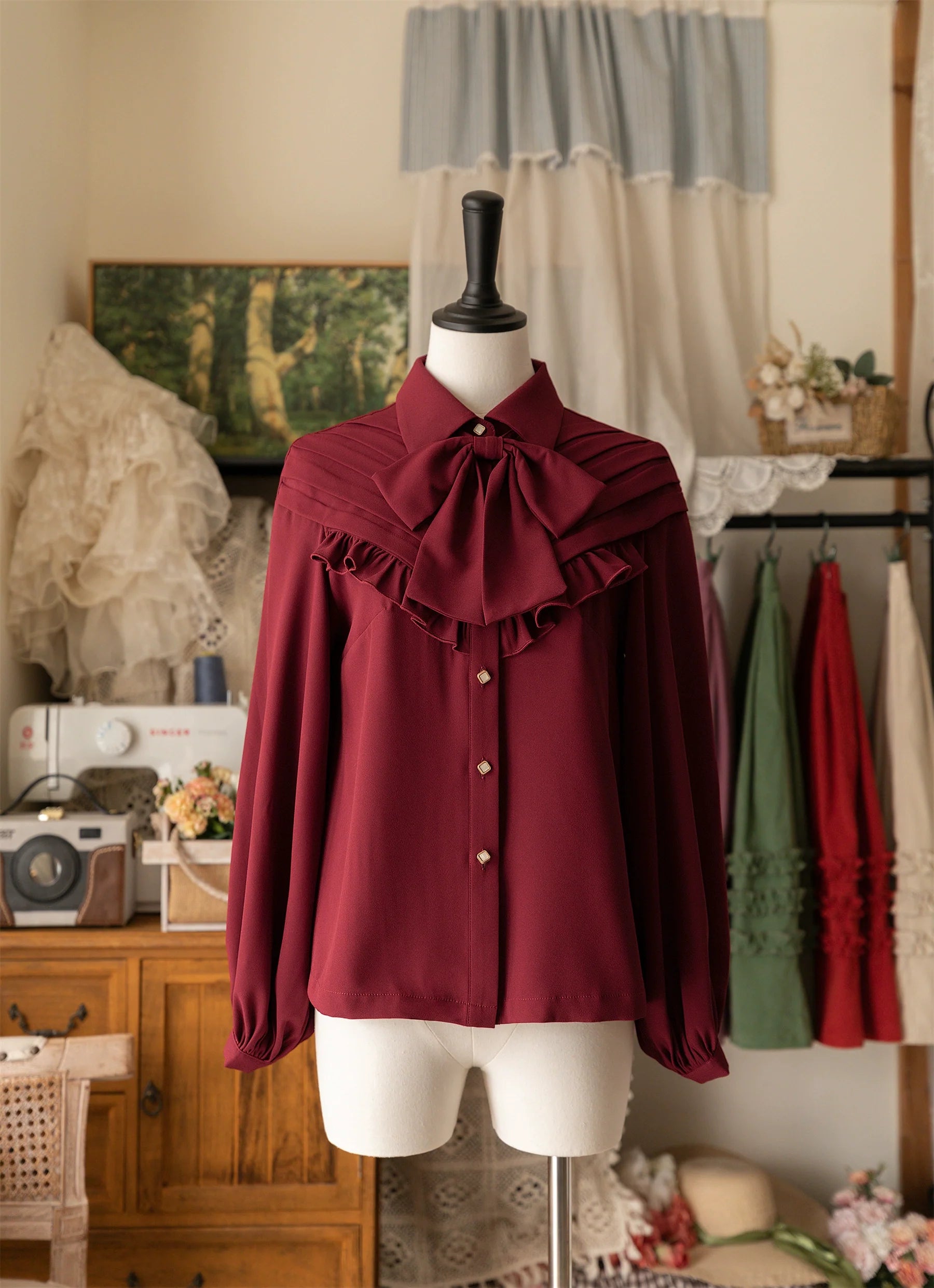 Forest Basket Elegant Lolita Blouse with Vintage Bow Tie - image 1