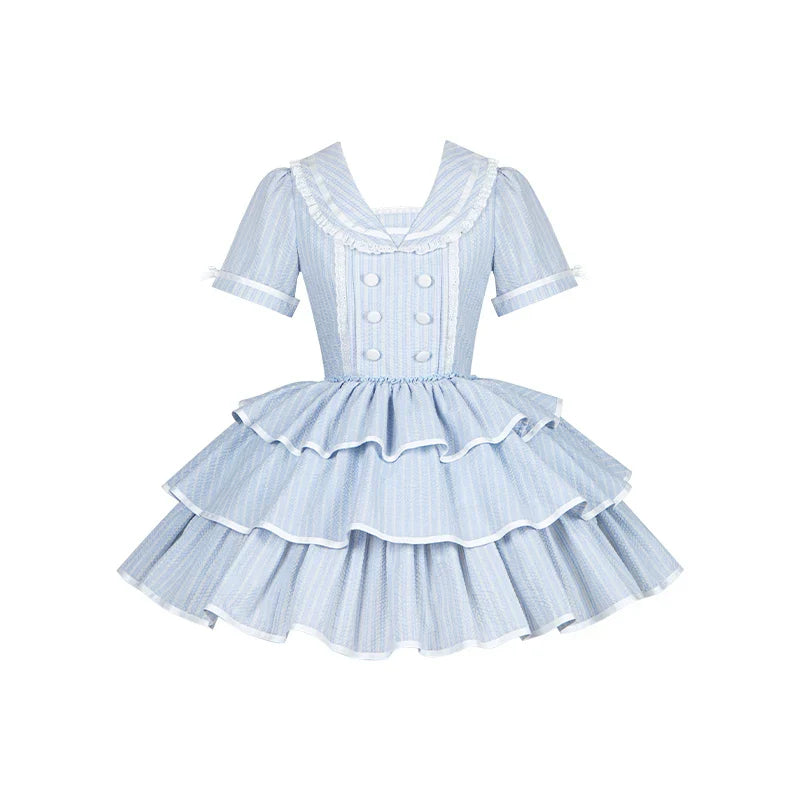 Seven-Day Bell - Blue Classic Lolita Striped OP Dress, Sailor Collar - image 35