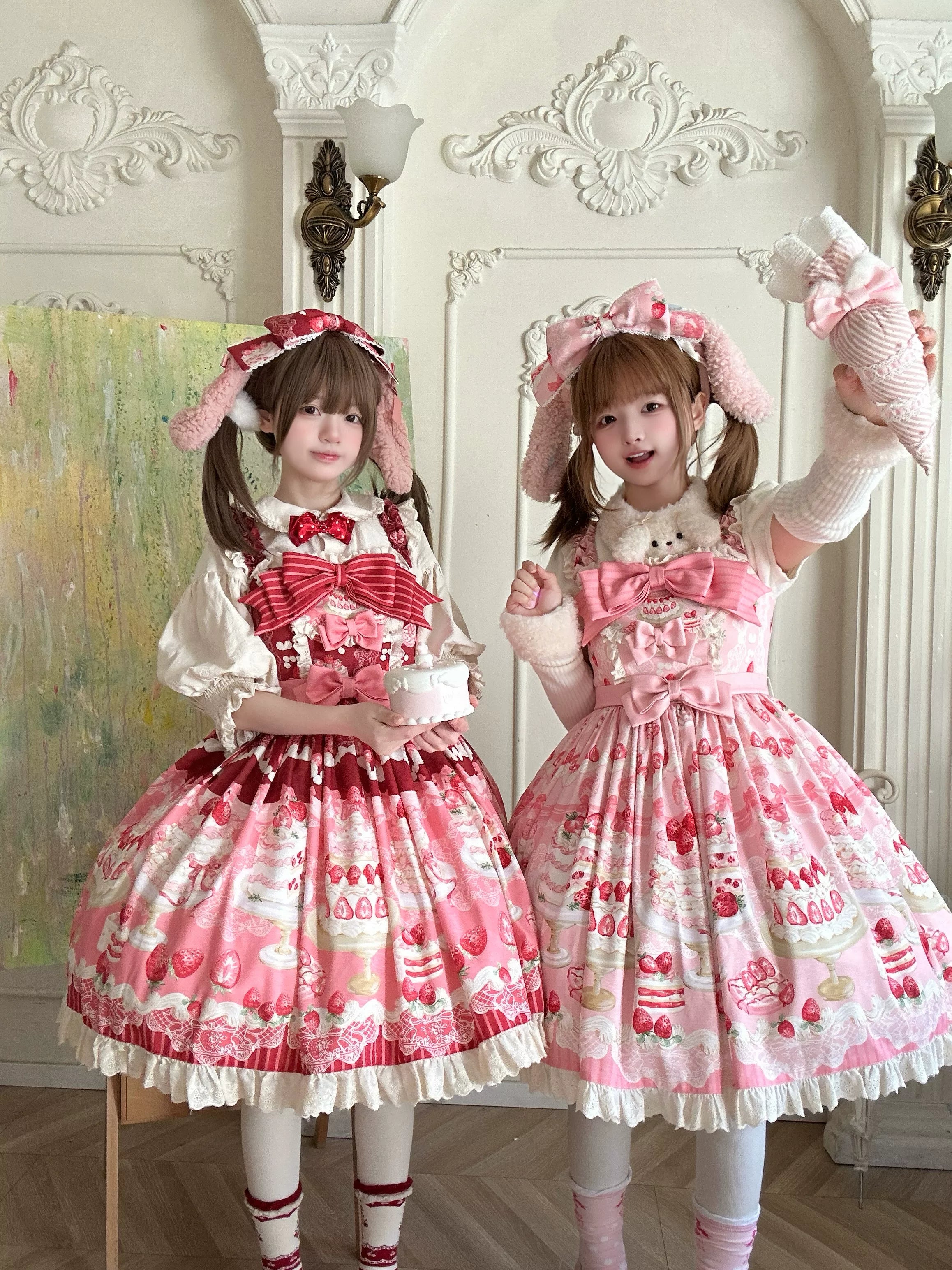 Strawberry Cake - Printed Sweet Lolita JSK Dress, Plush Bunny Ear KC - image 5