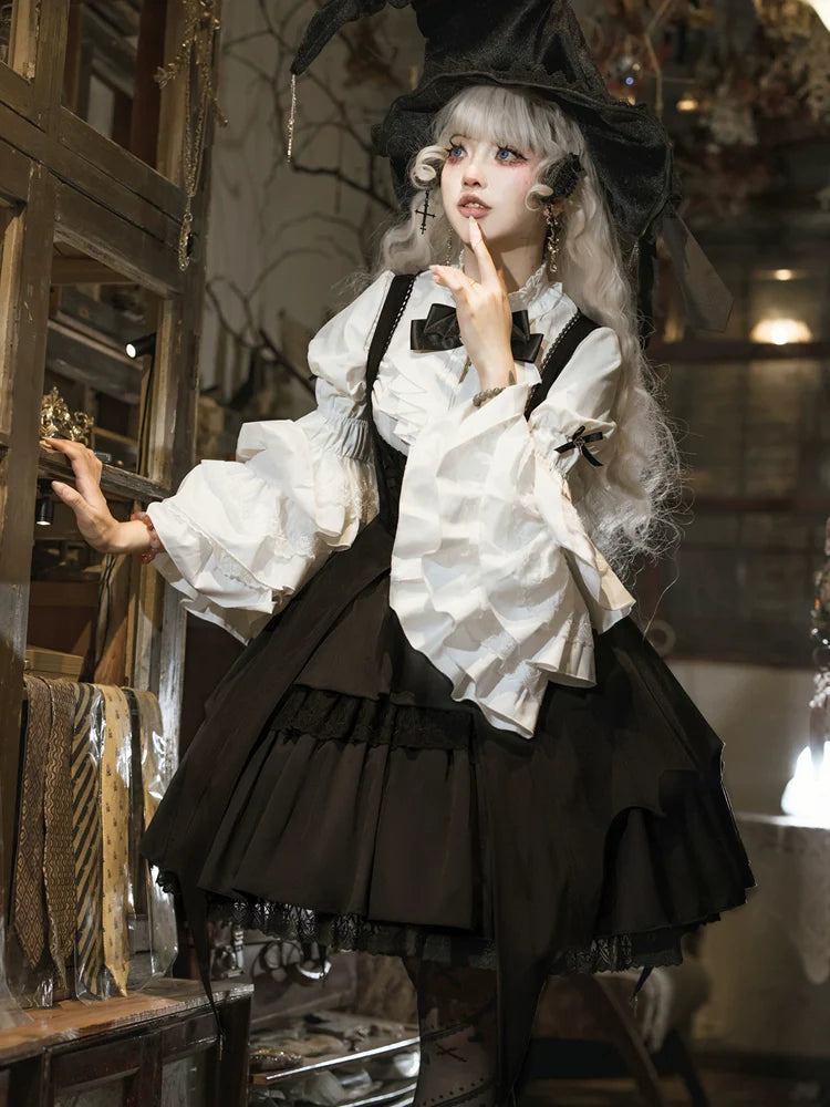 Dawn Witch - Black Gothic Lolita JSK Dress + White Blouse - image 2