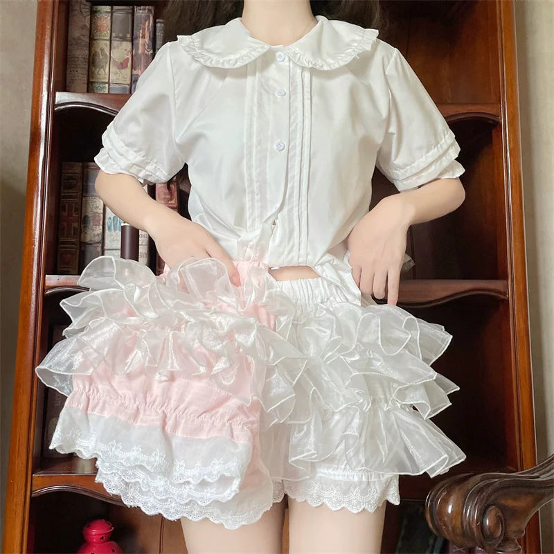 Cotton Lolita Bloomers, Ruffled Hem Cake Safety Shorts - image 1