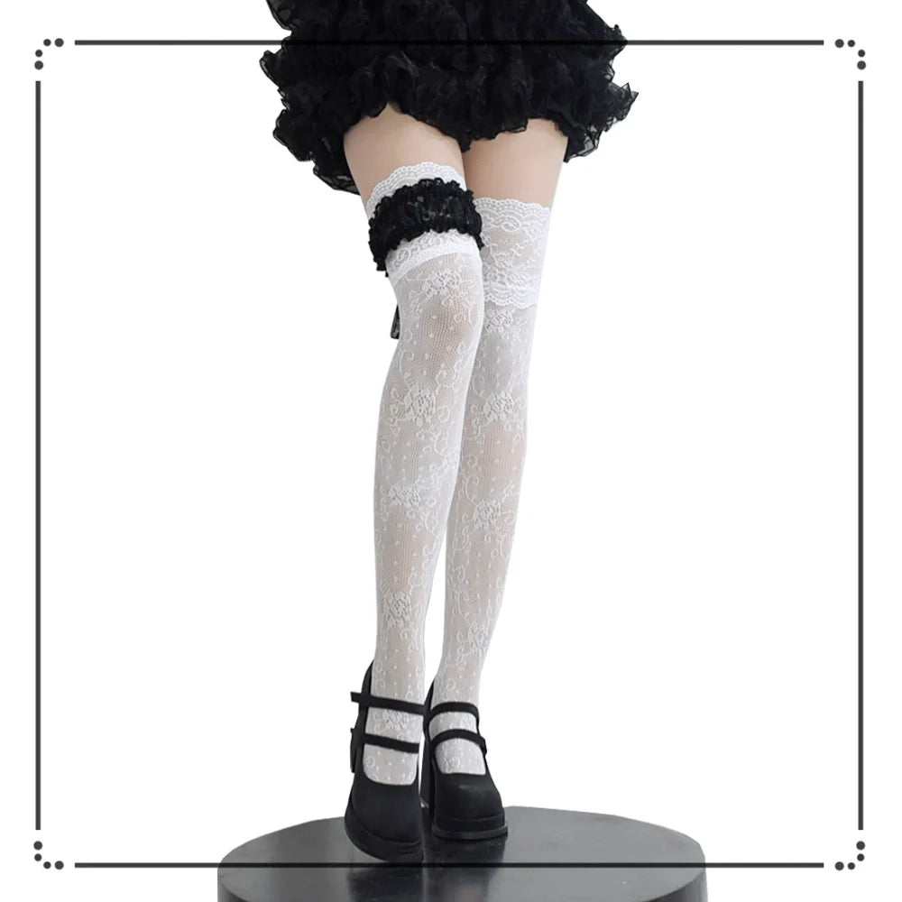Wuxiaoliu Gothic Lolita Lace Stockings with Bow Garter - image 11