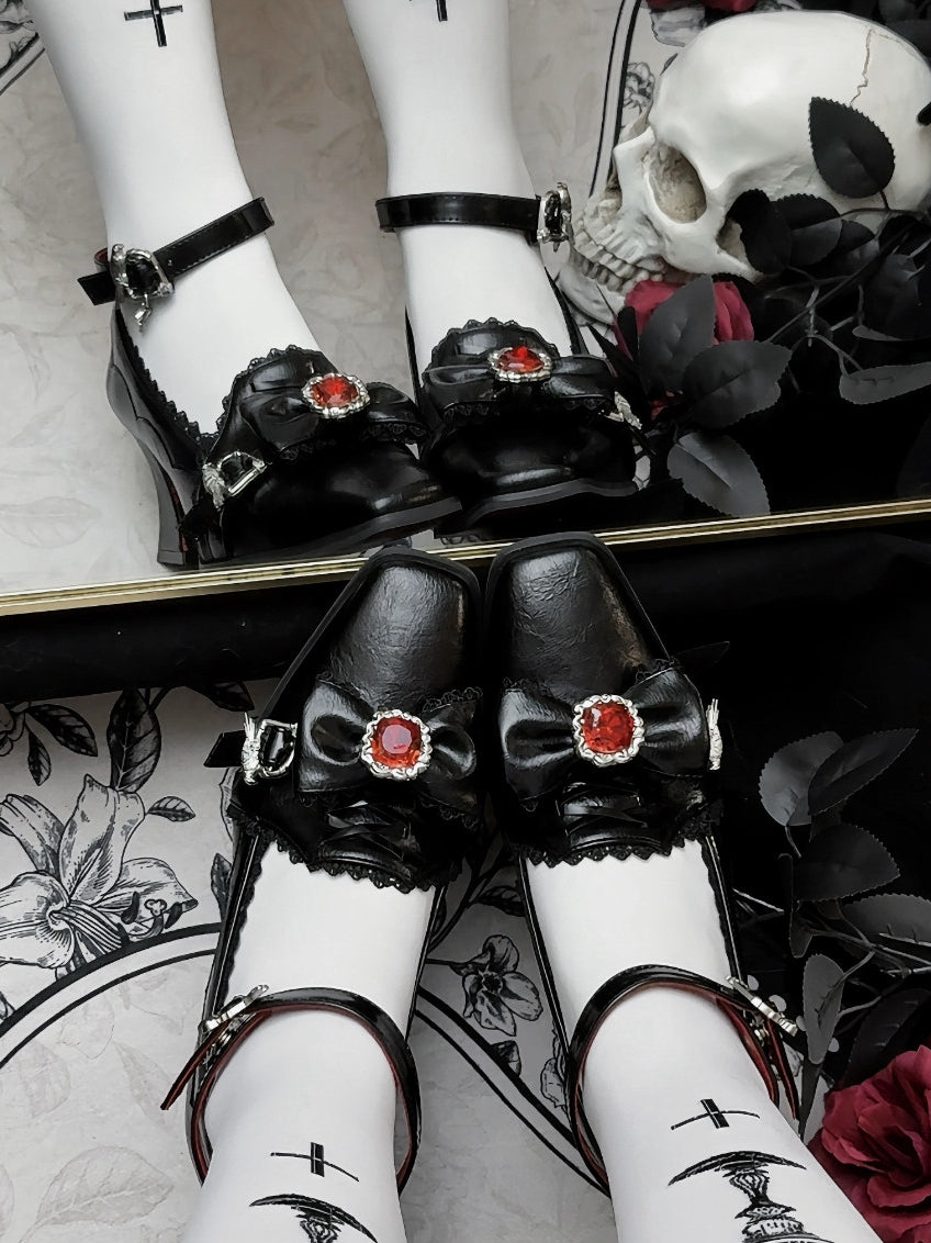 Night Banquet - Gothic Lolita Square-Toe Shoes with Ruby Bow - image 9