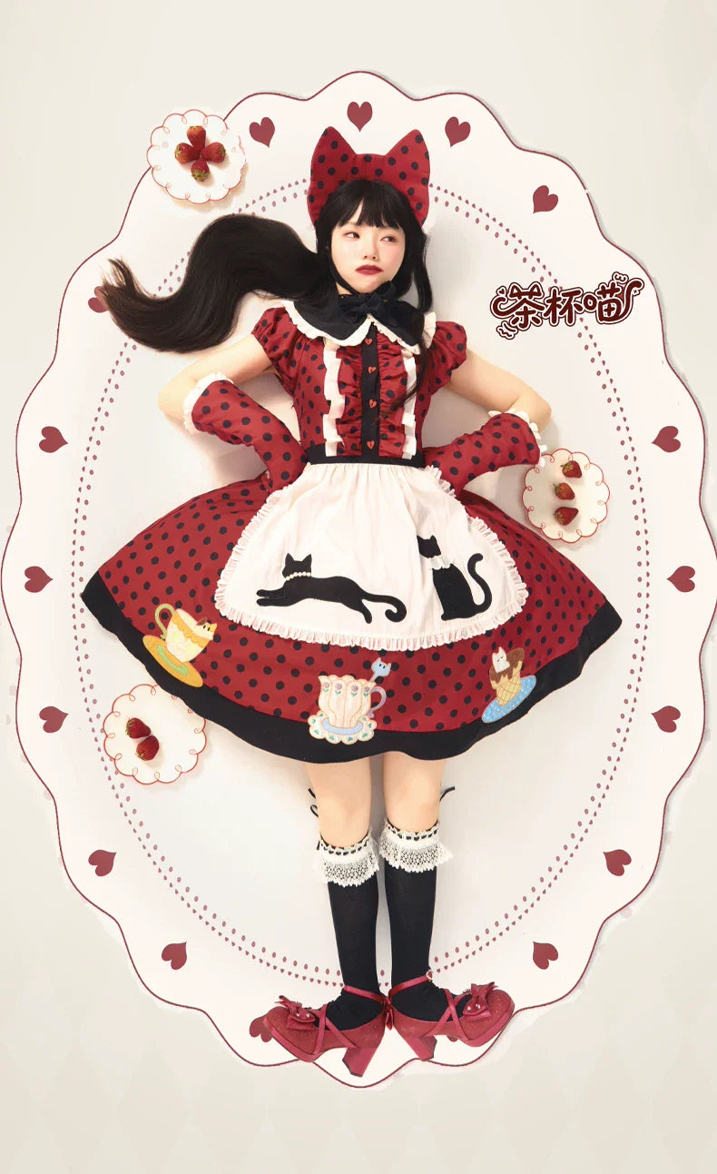 Teacup Meow - Old School Lolita Polka Dot OP Dress, Cat and Teacup Patch - image 14